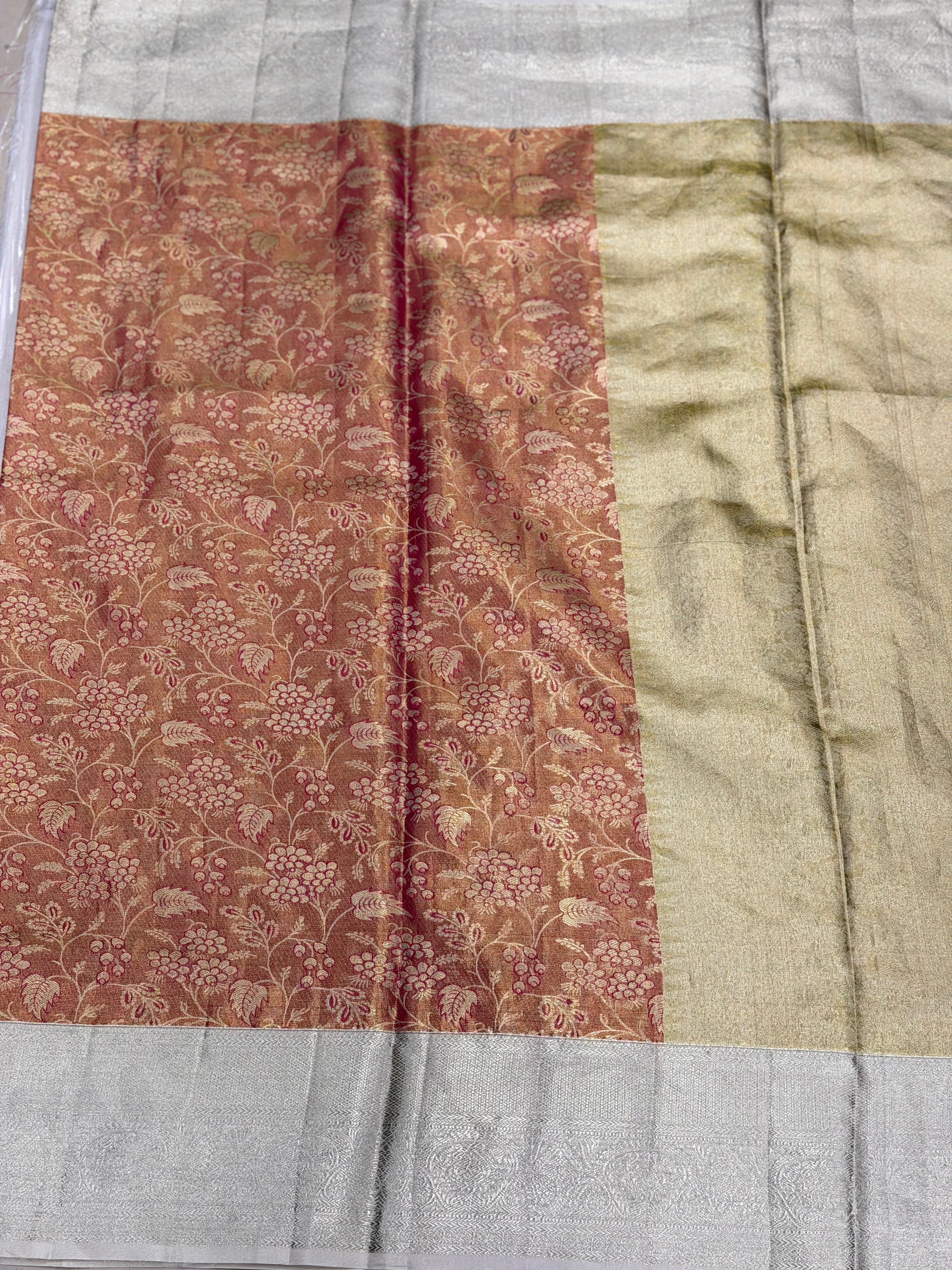 Crimson Handloom Kanjivaram With Silver Border Tissue Silk Saree