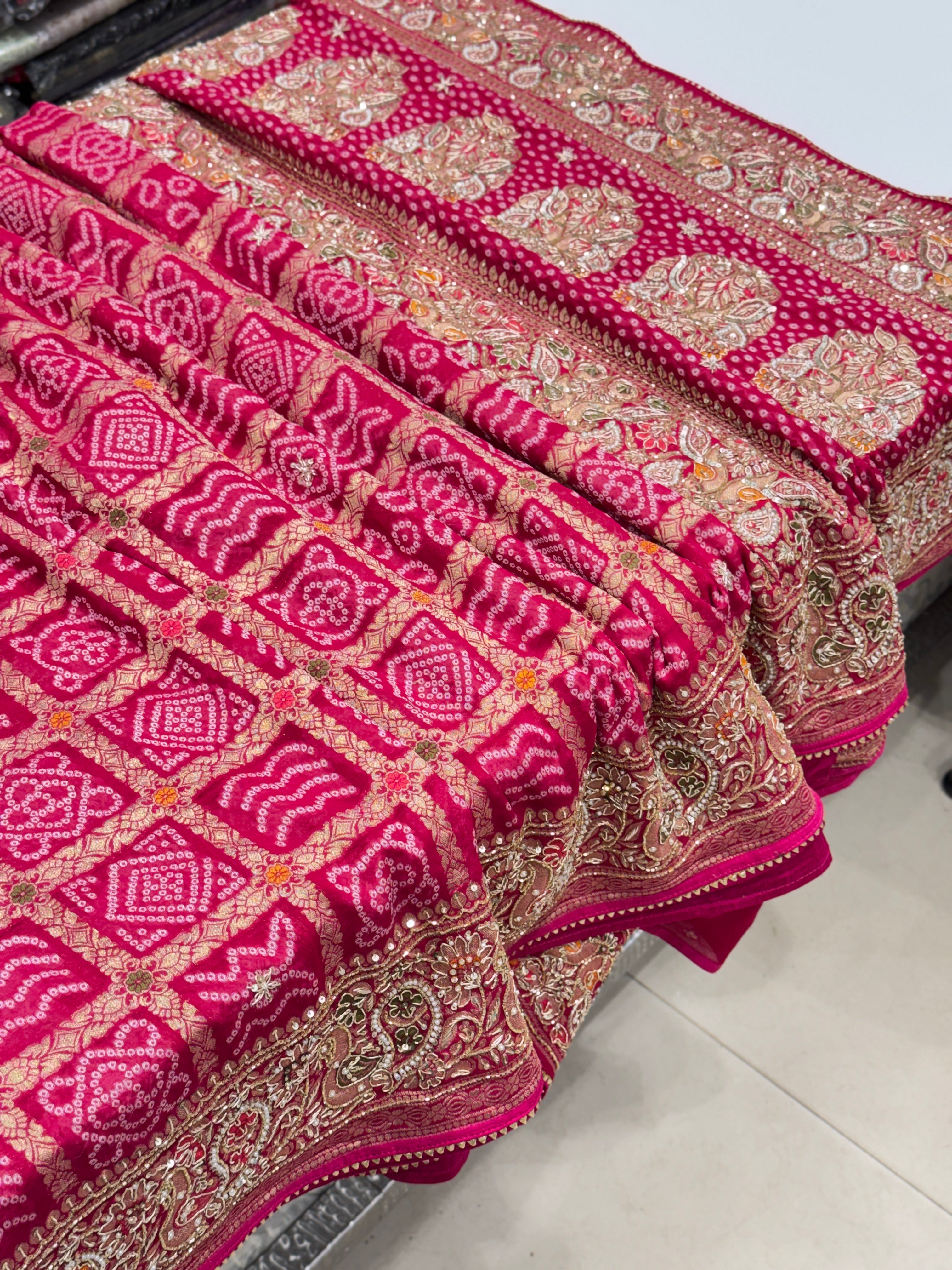 Rani Gharchola Weaved Bandhej Georgette Zardosi Hand Embroidery Saree