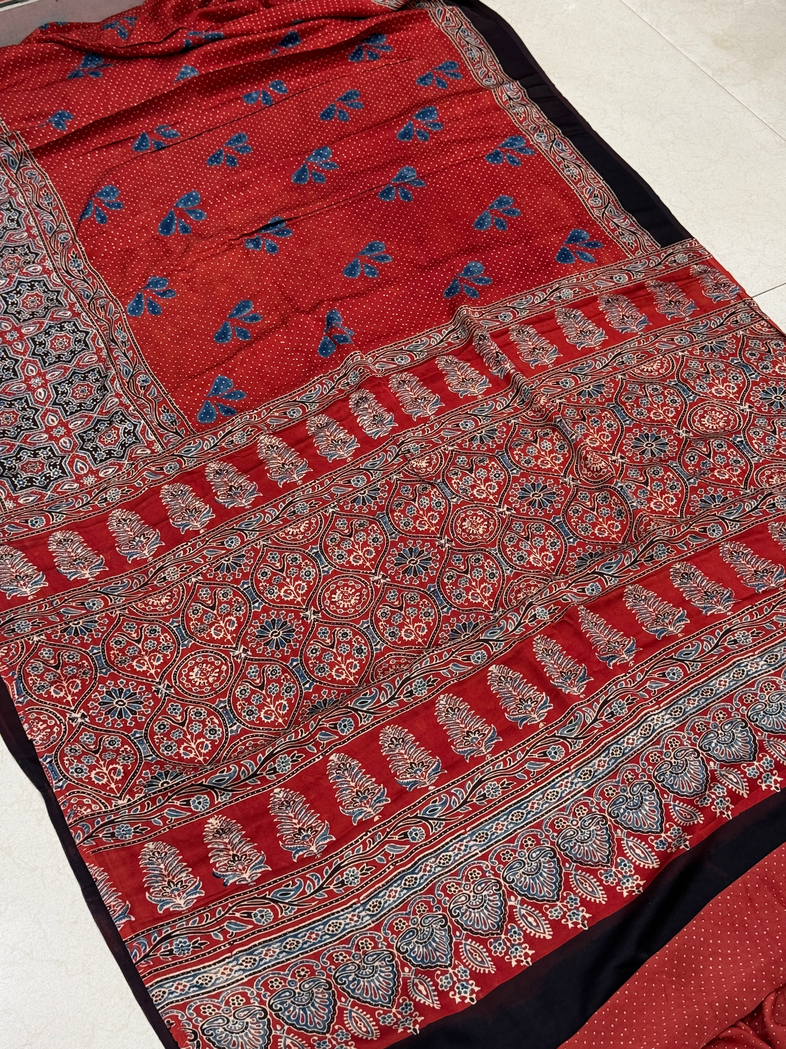 Red Makhi Butti Ajrakh Modal Gajji Silk Saree