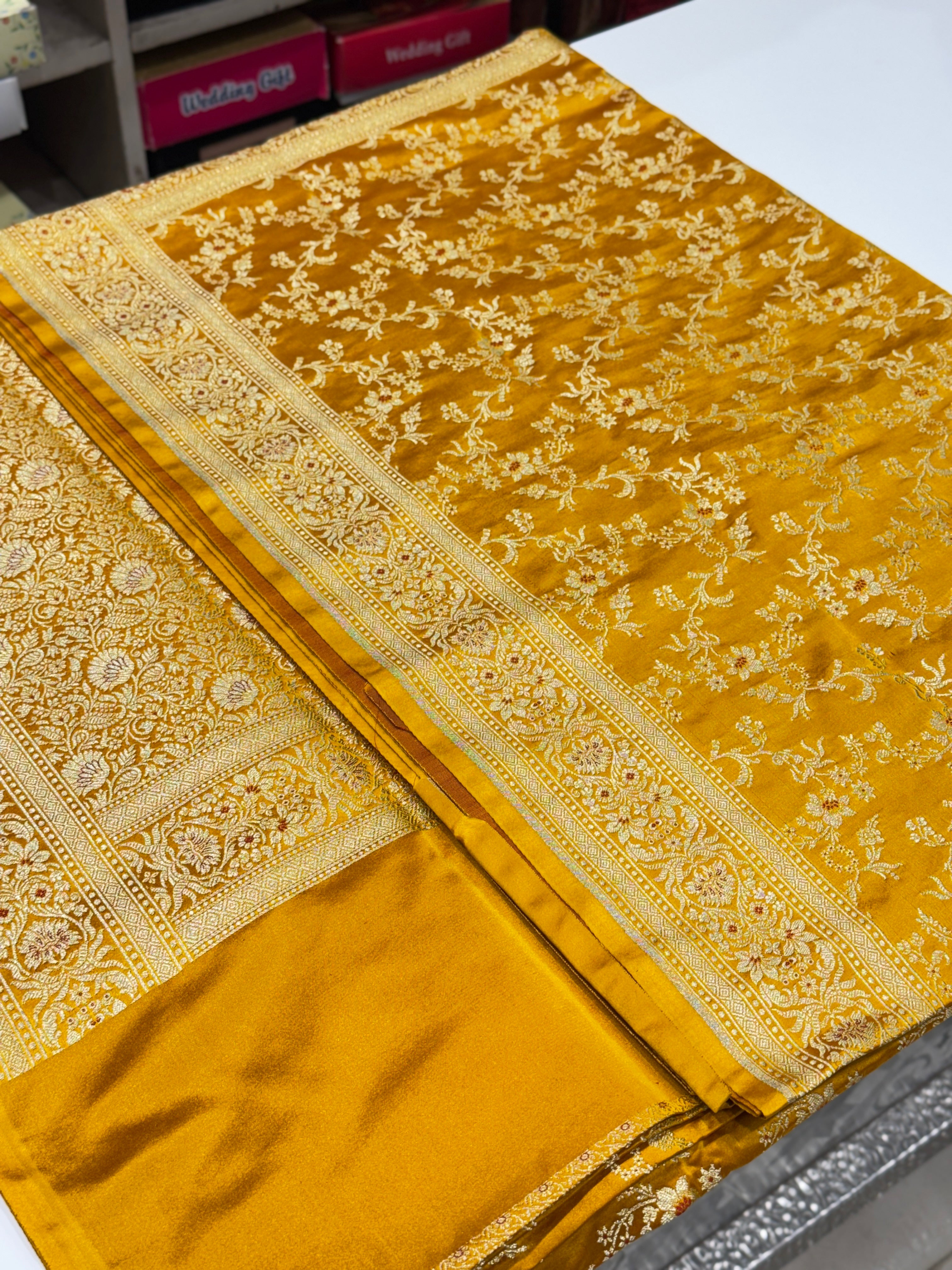 Yellow Banarasi Silk Meena Flower Saree