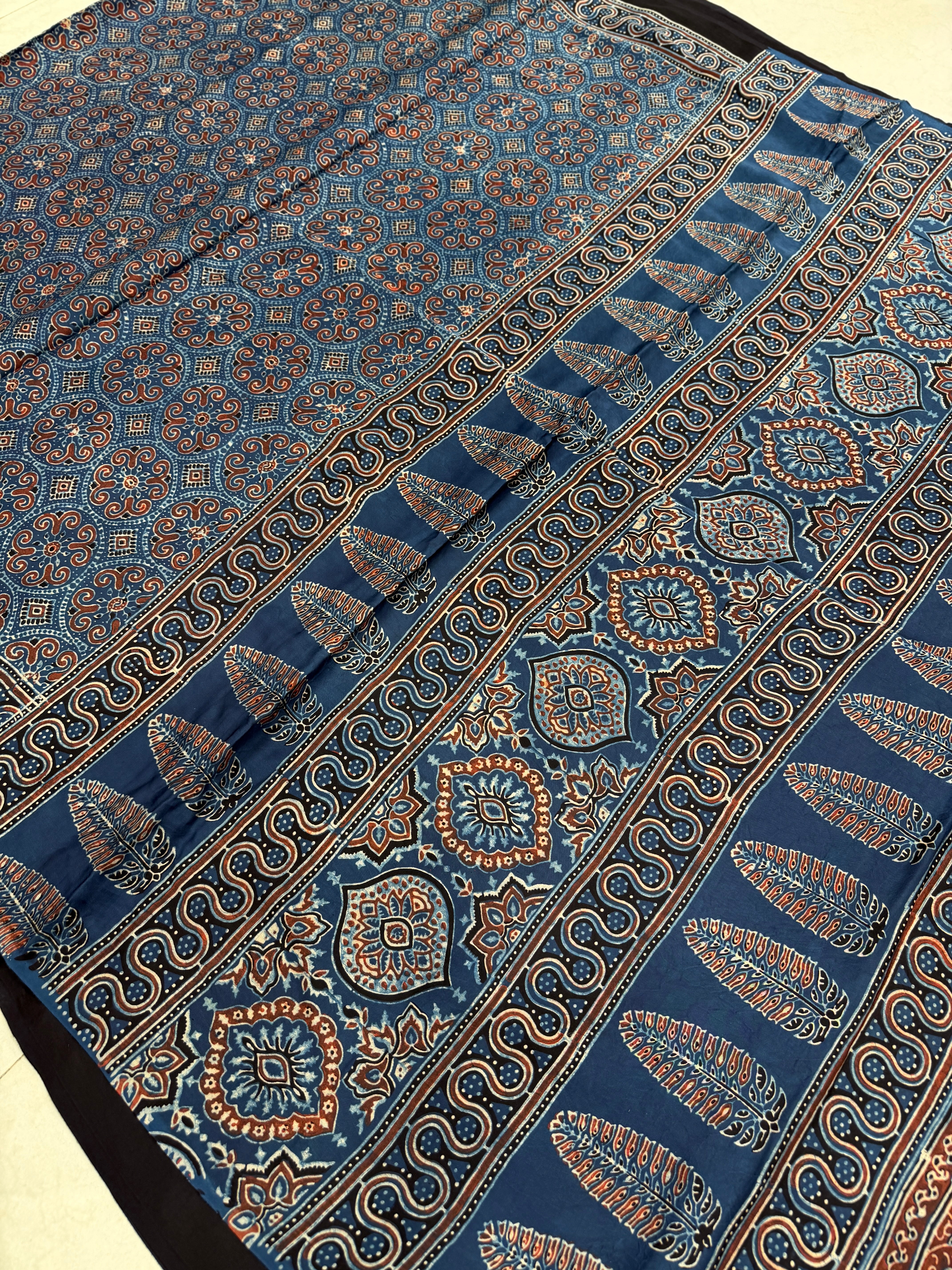 Blue Gol Jaal Ajrakh Hand Block Print Pure Gajji Silk Saree