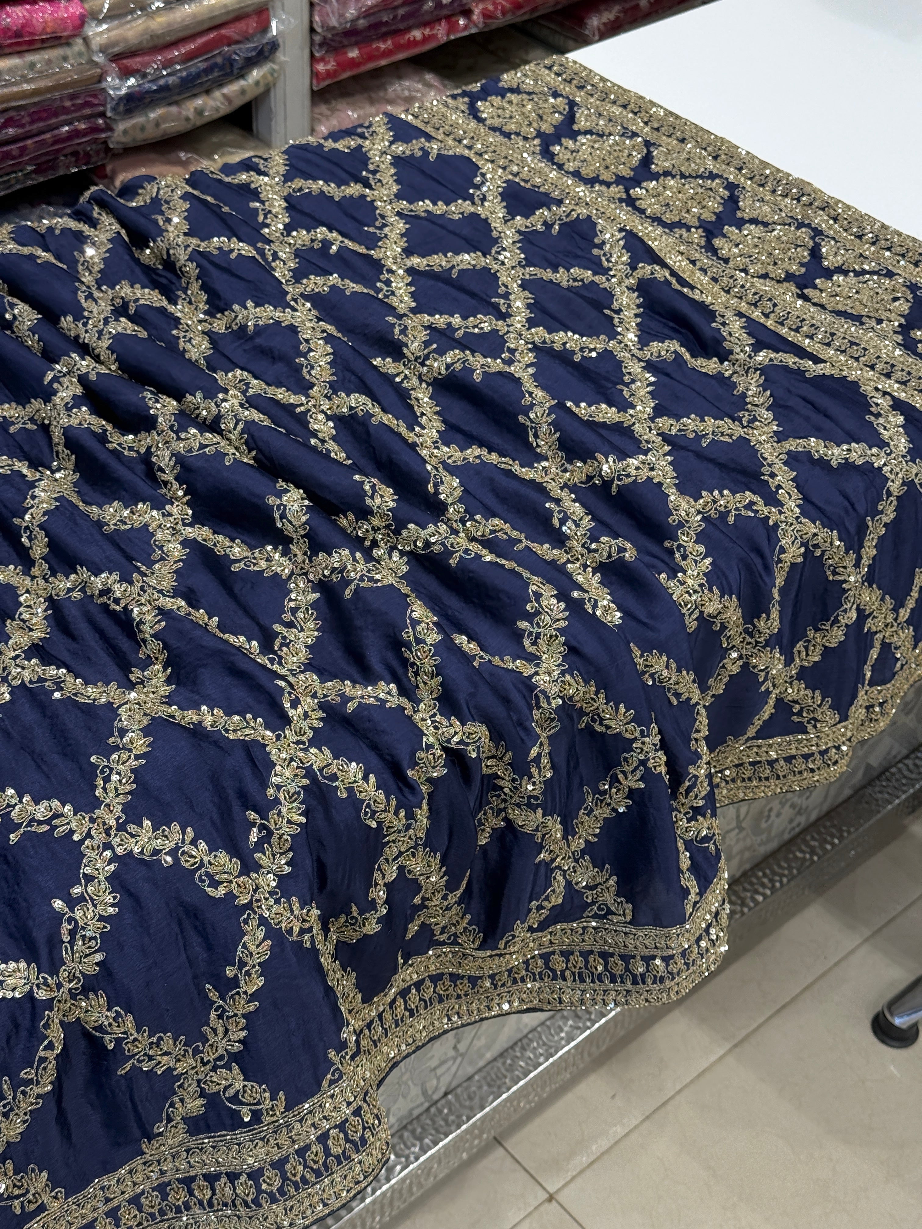 Blue Crepe Satin Sabyasachi Inspired Zardosi Jaal Embroidery Saree