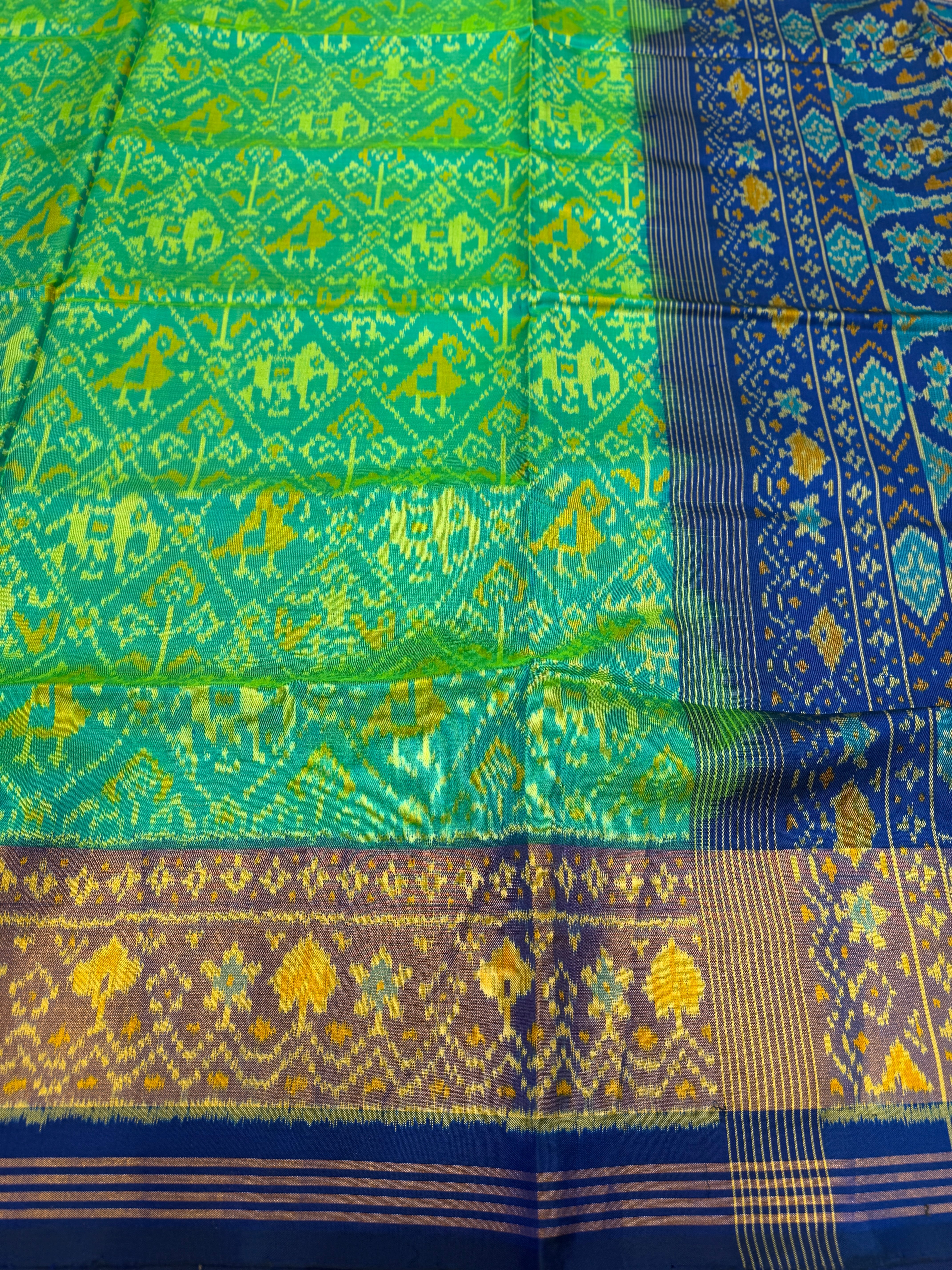 Rama Green with Blue Handloom Rajot Ikat Patola Silk Saree