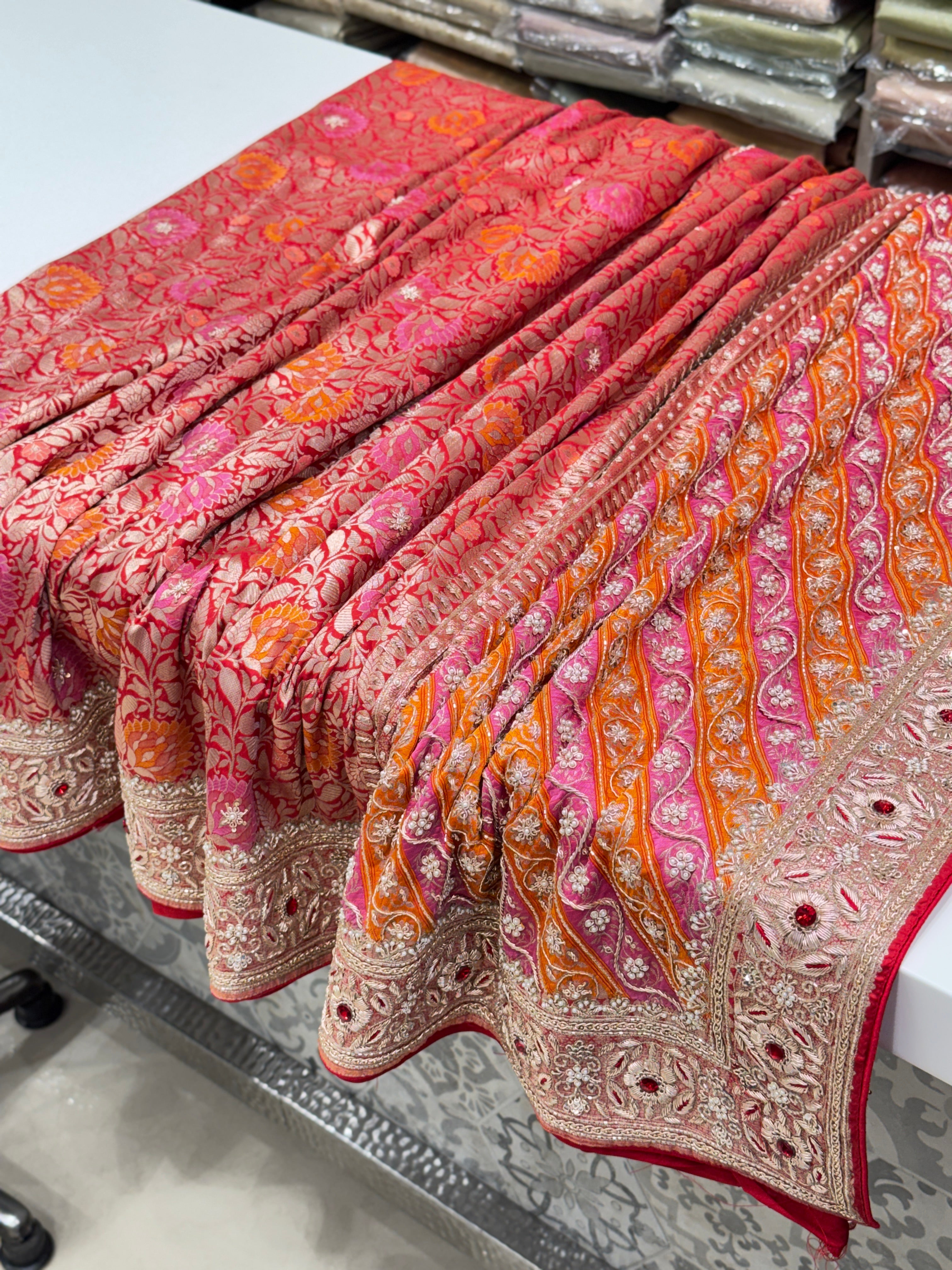 Meenakari Banarasi Katan Zardodi Hand Embroidery Crystal Saree