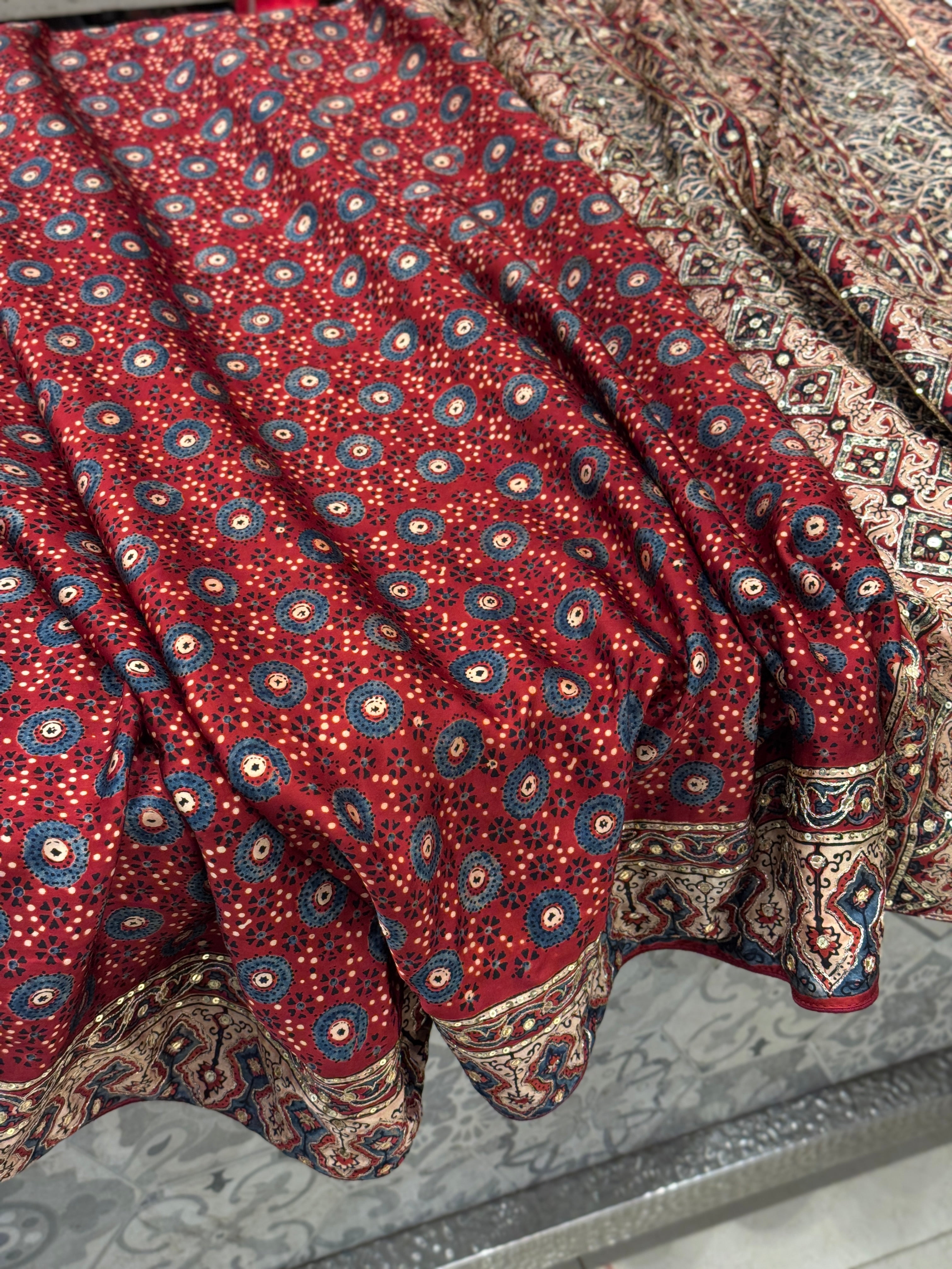 Red Blue Buttis Pita Zardosi Sequin Ajrakh Hand Embroidery Saree