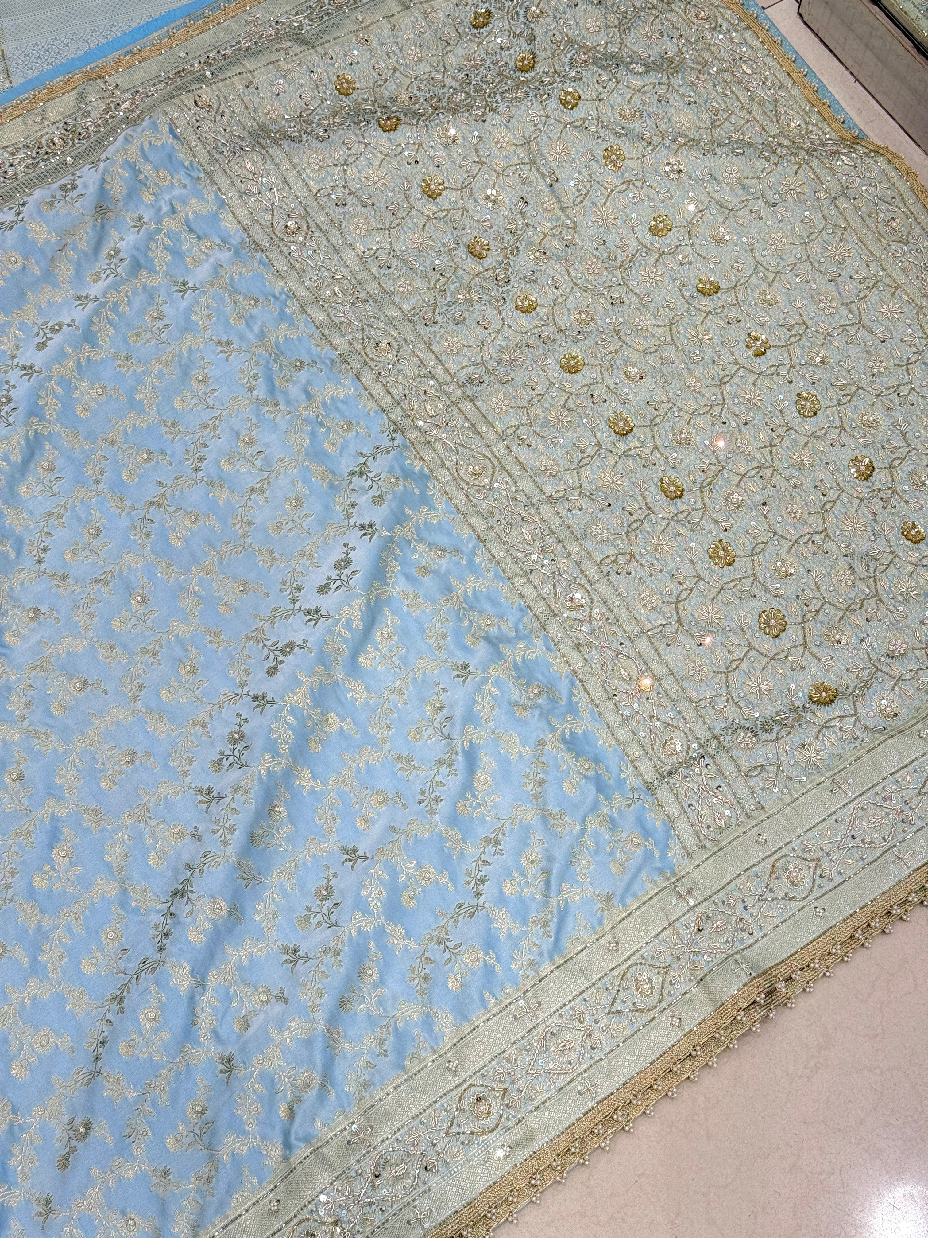 Blue Banarasi Silk Flower Border Hand Embroidery Saree