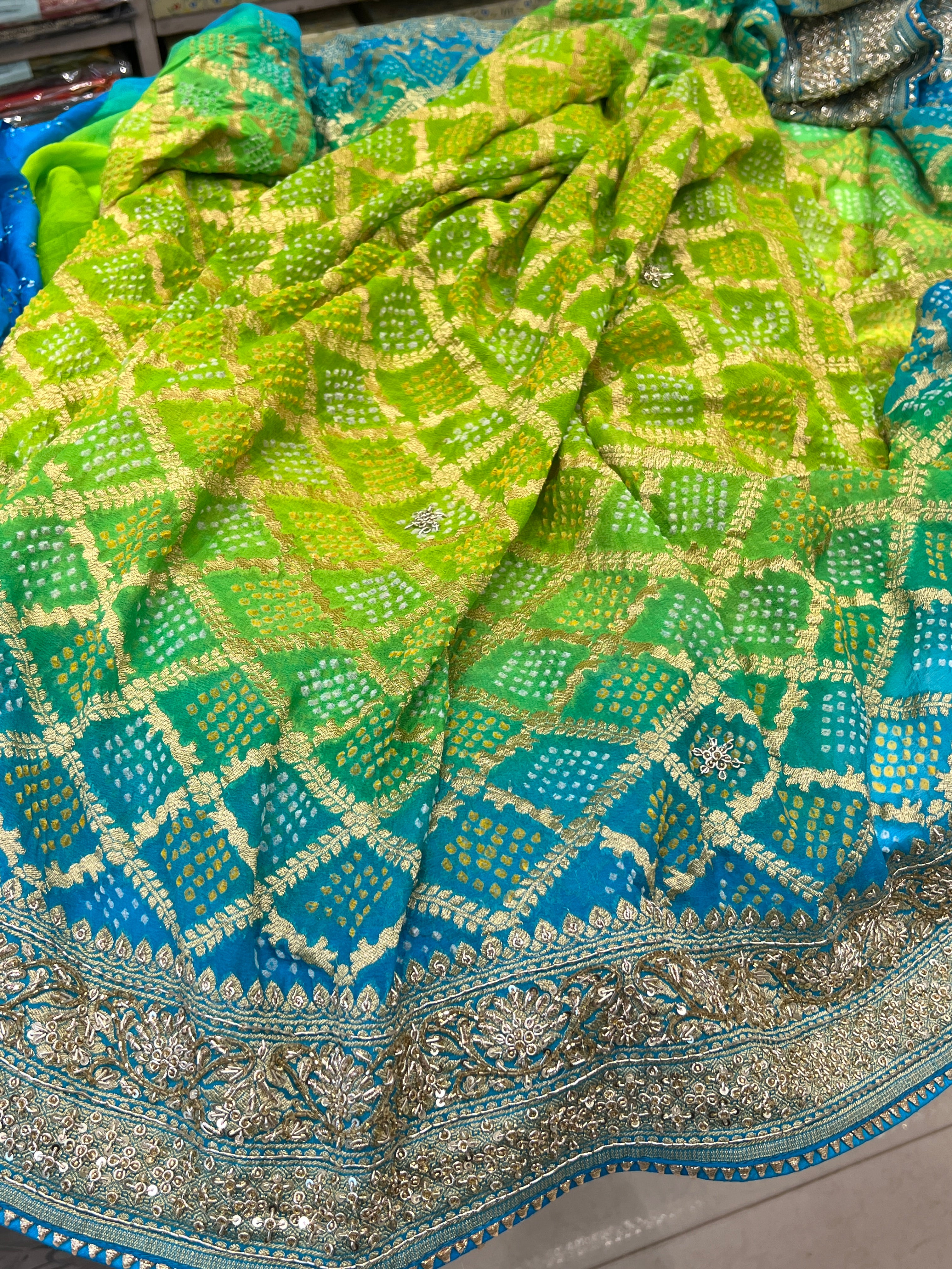 Shaded Blue Green Bandhej Zardozi Hand Embroidery Saree