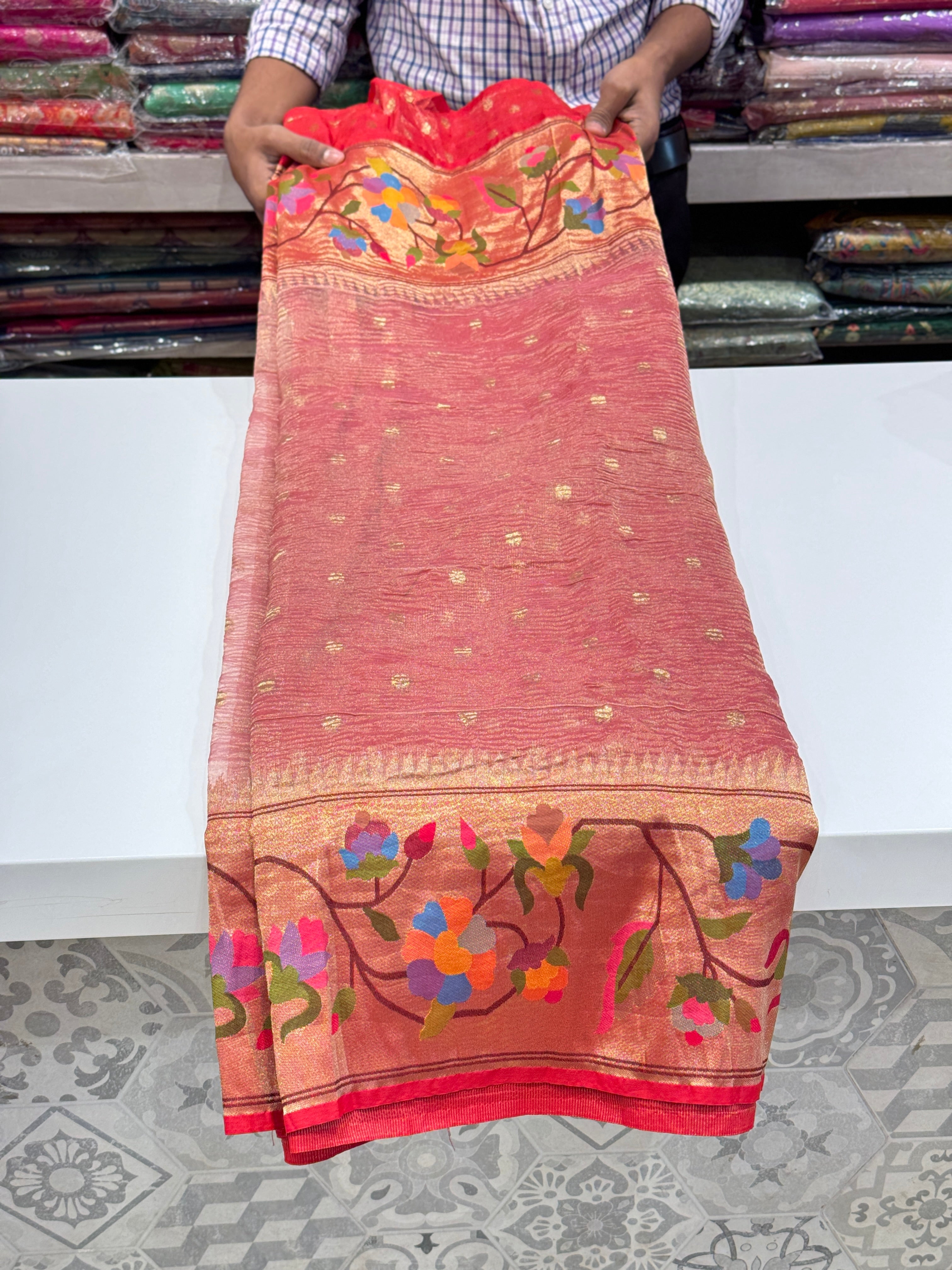 Crimson Crushed Tissue Flower Paithani Saree