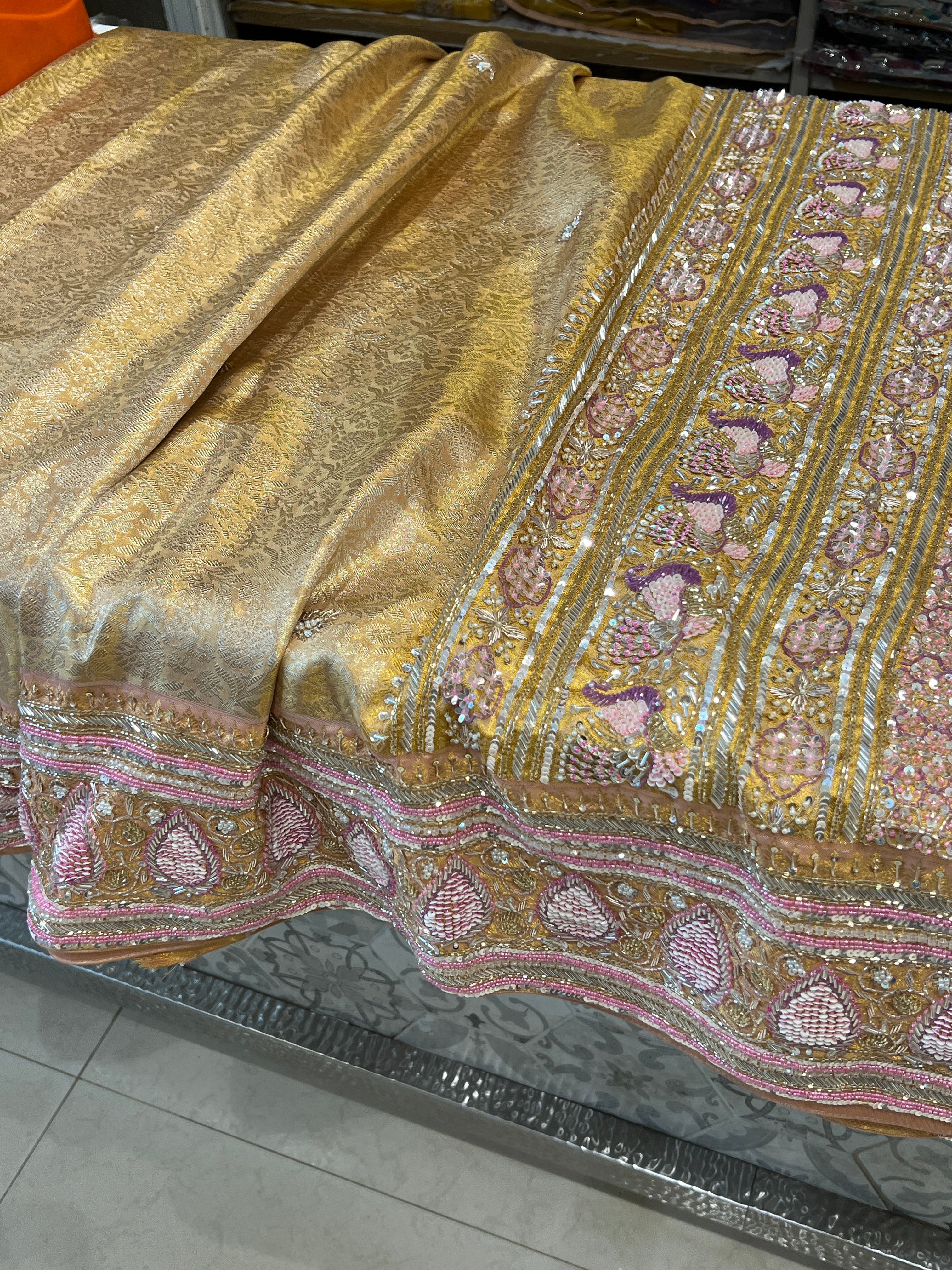 Golden Kanjivaram Moti Zardosi Hand Embroidery Saree