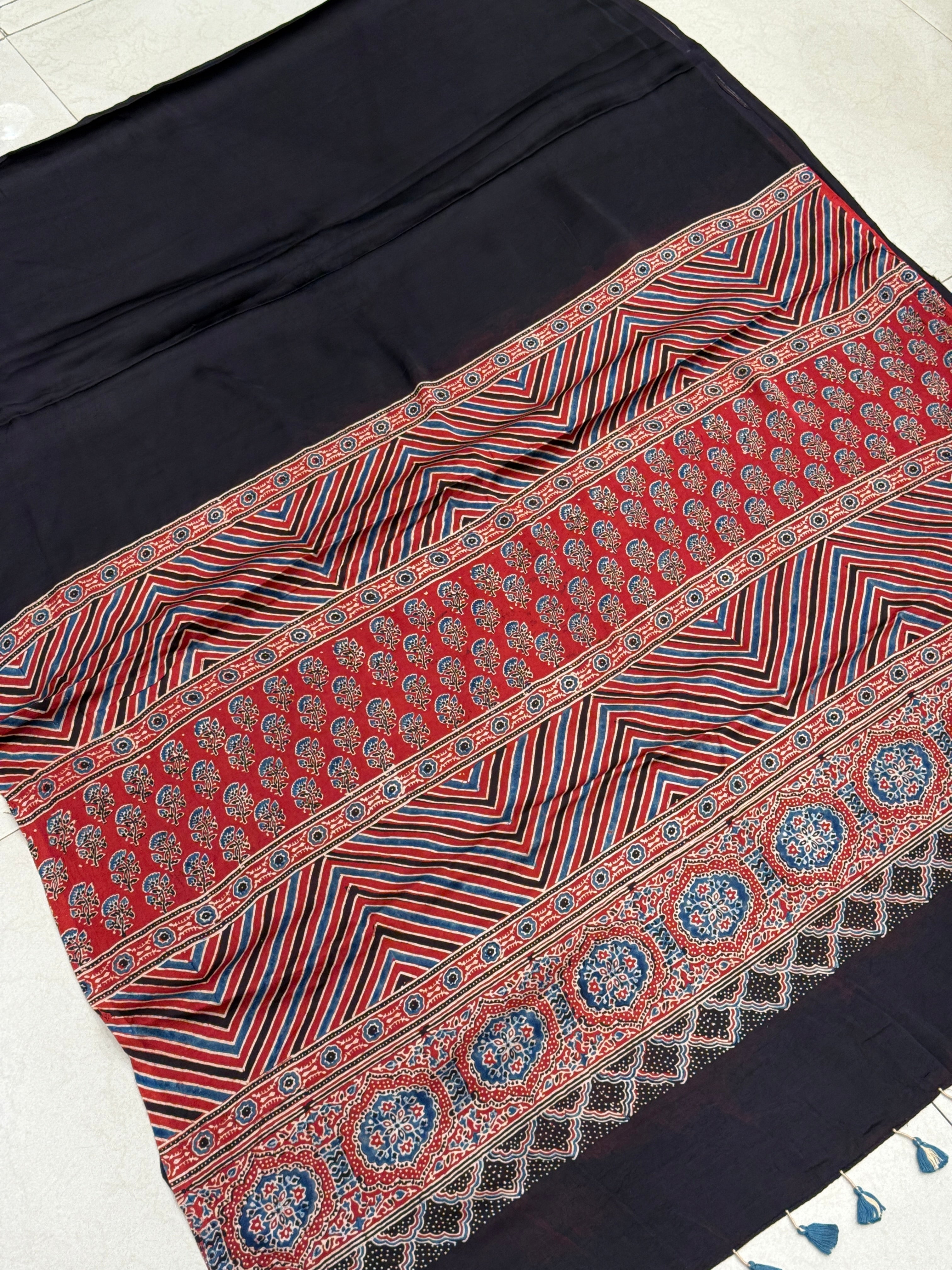 Black Red Pallu Modal Gajji Silk Ajrakh Saree