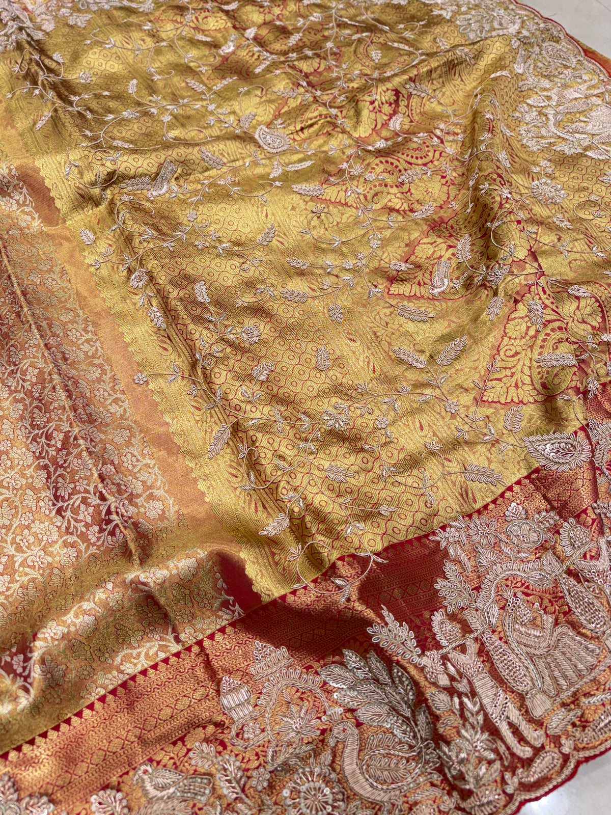 Red Tissue Kanjivaram Zardosi Doli Hand Embroidery Saree