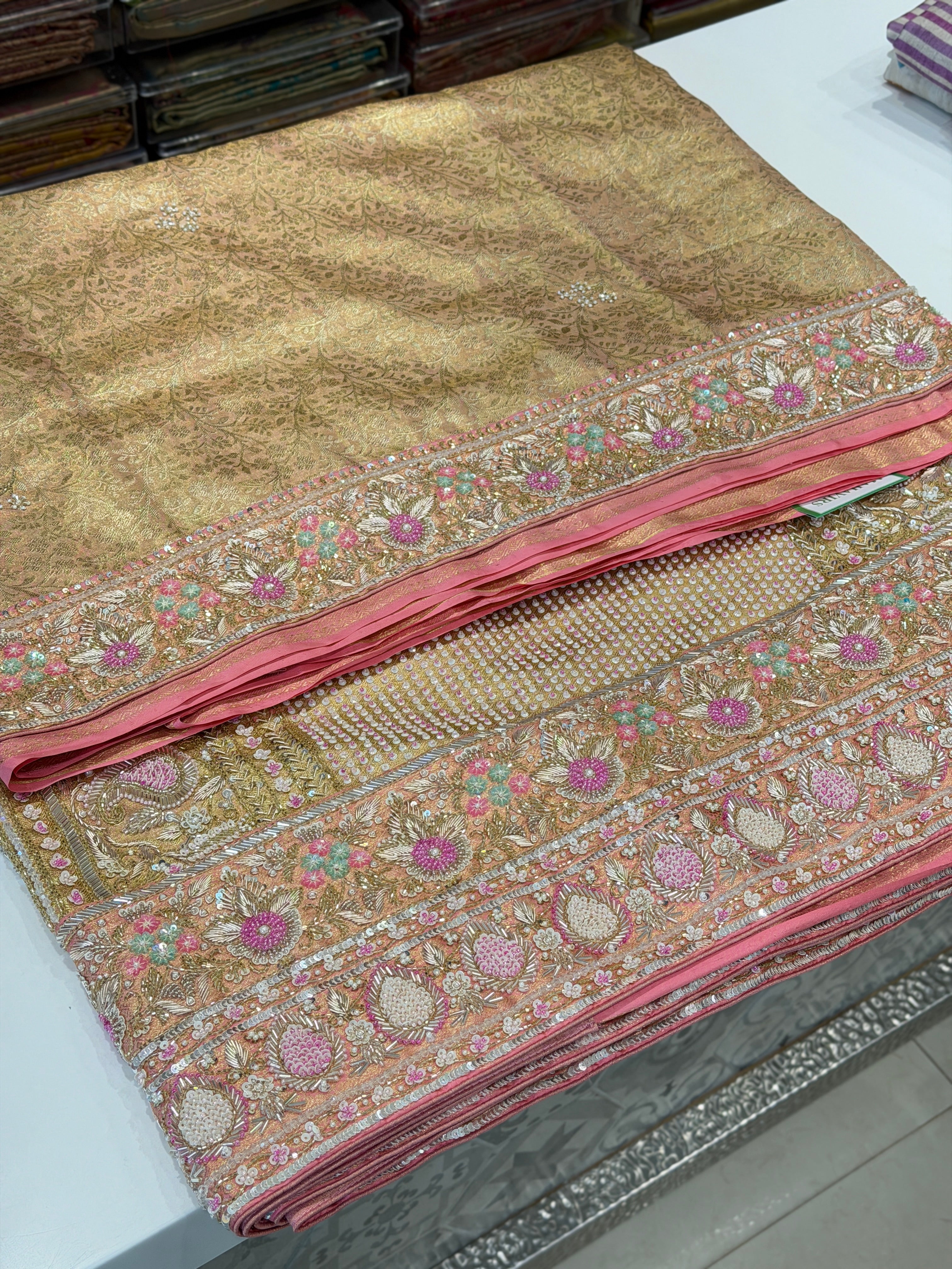 Golden Kanjivaram Moti Zardosi Hand Embroidery Saree