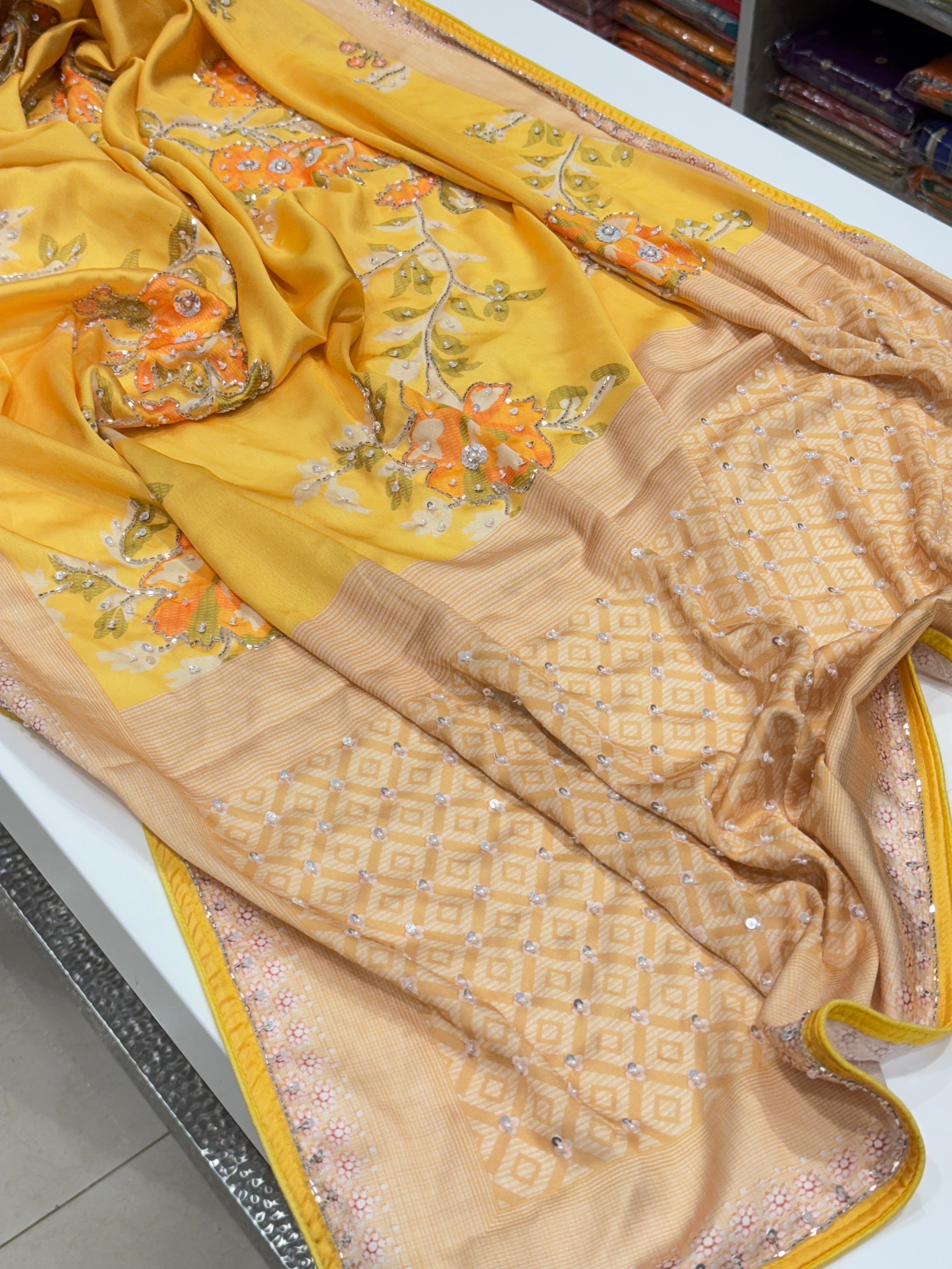 Yellow Satin Floral Print Hand Embroidery Saree