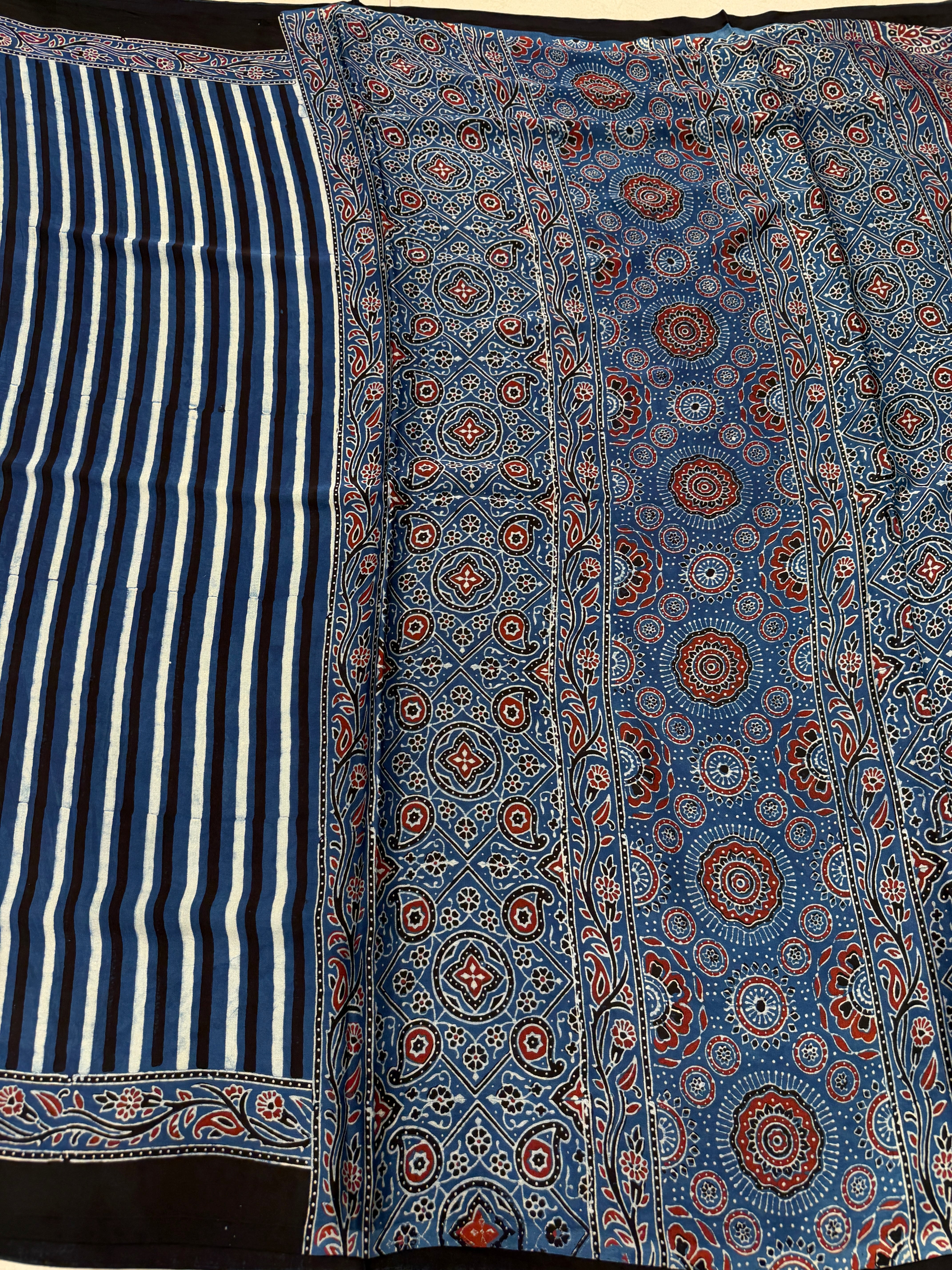 Blue Contemporary Ajrakh Block Print Hand Pure Gajji Silk Saree