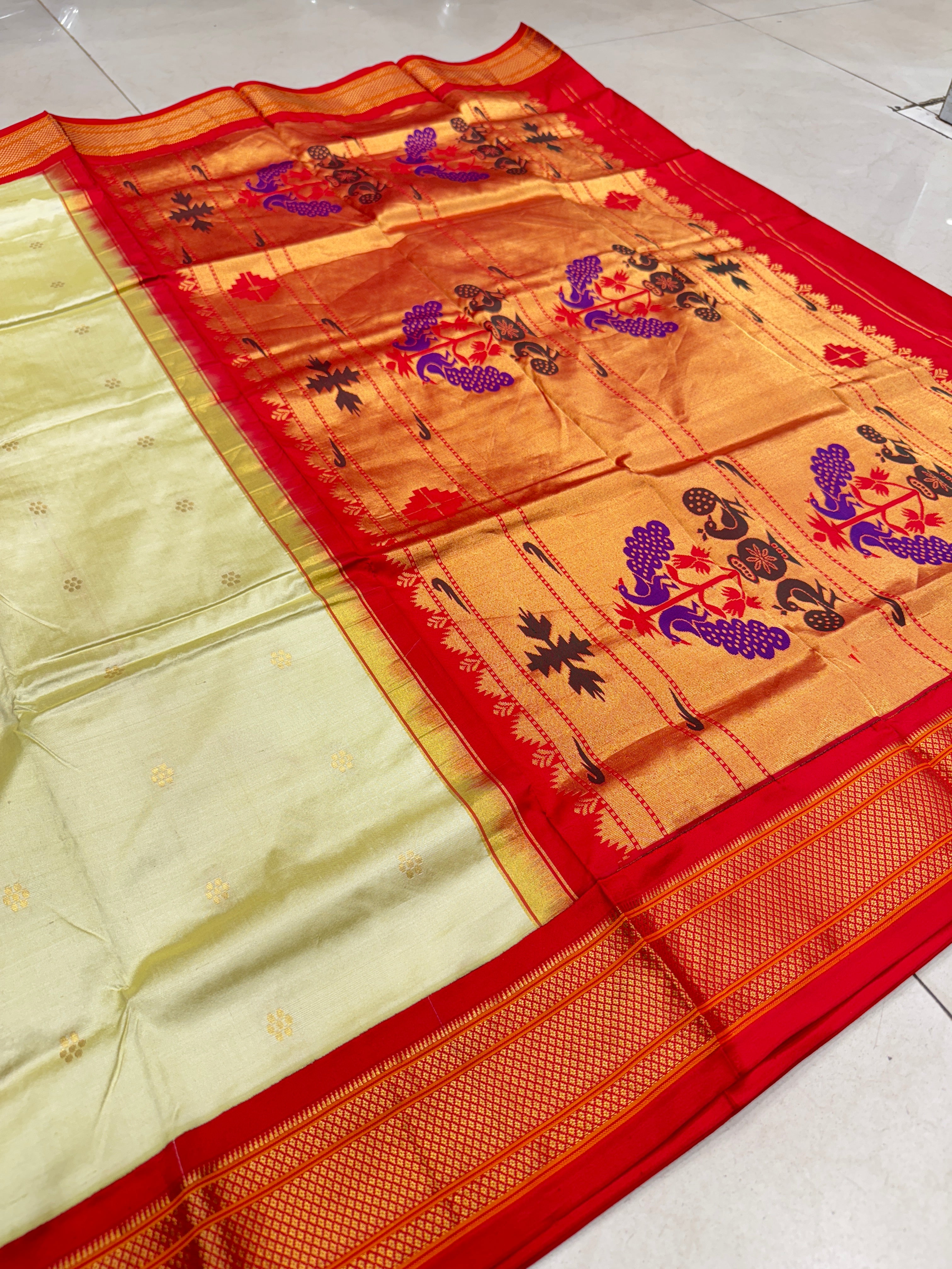 Beige Red Pure Silk Paithani Saree