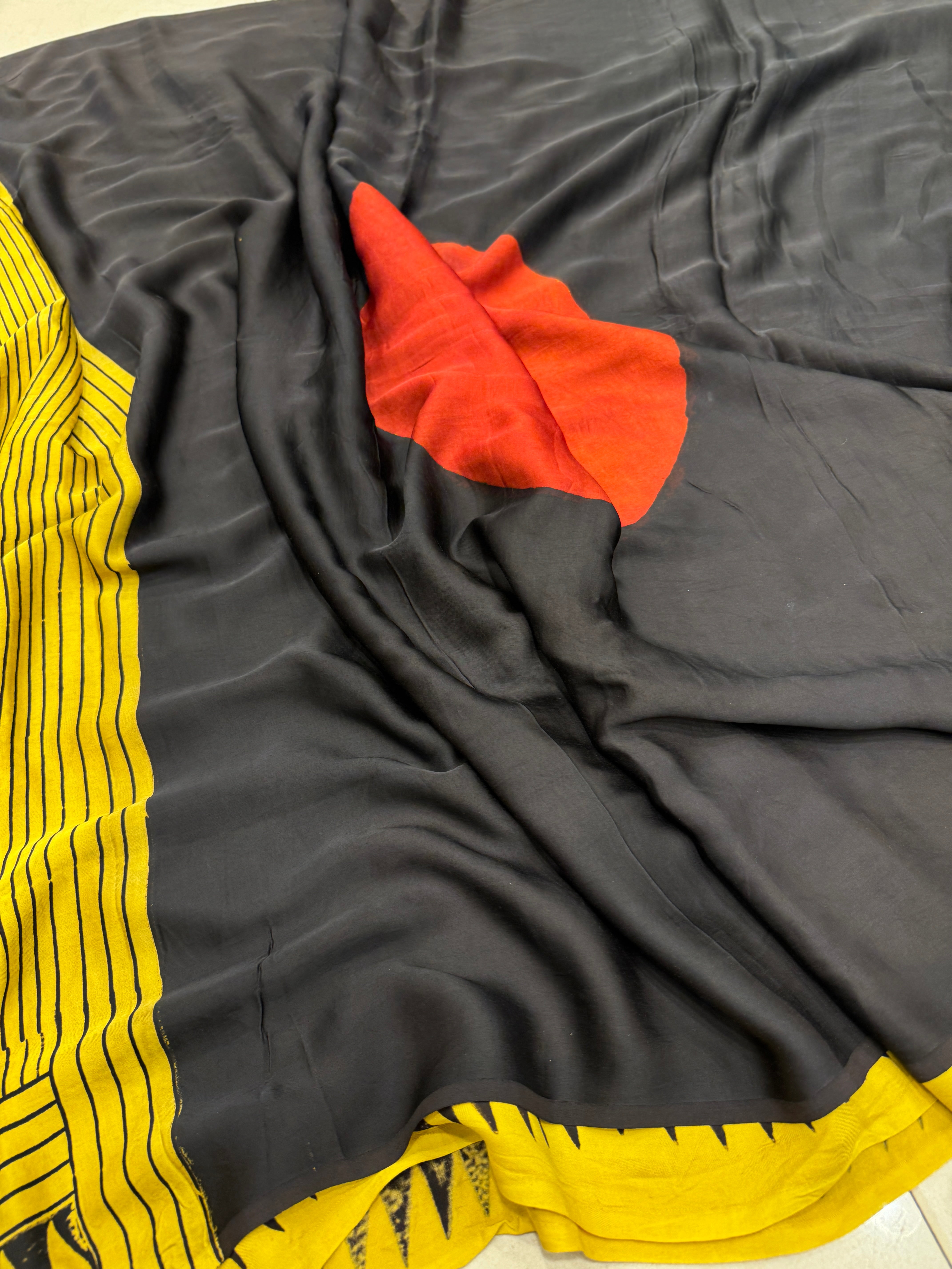 Yellow Contemporary Moon Pallu Ajrakh Saree Modal Gajji Silk Hand Block Print