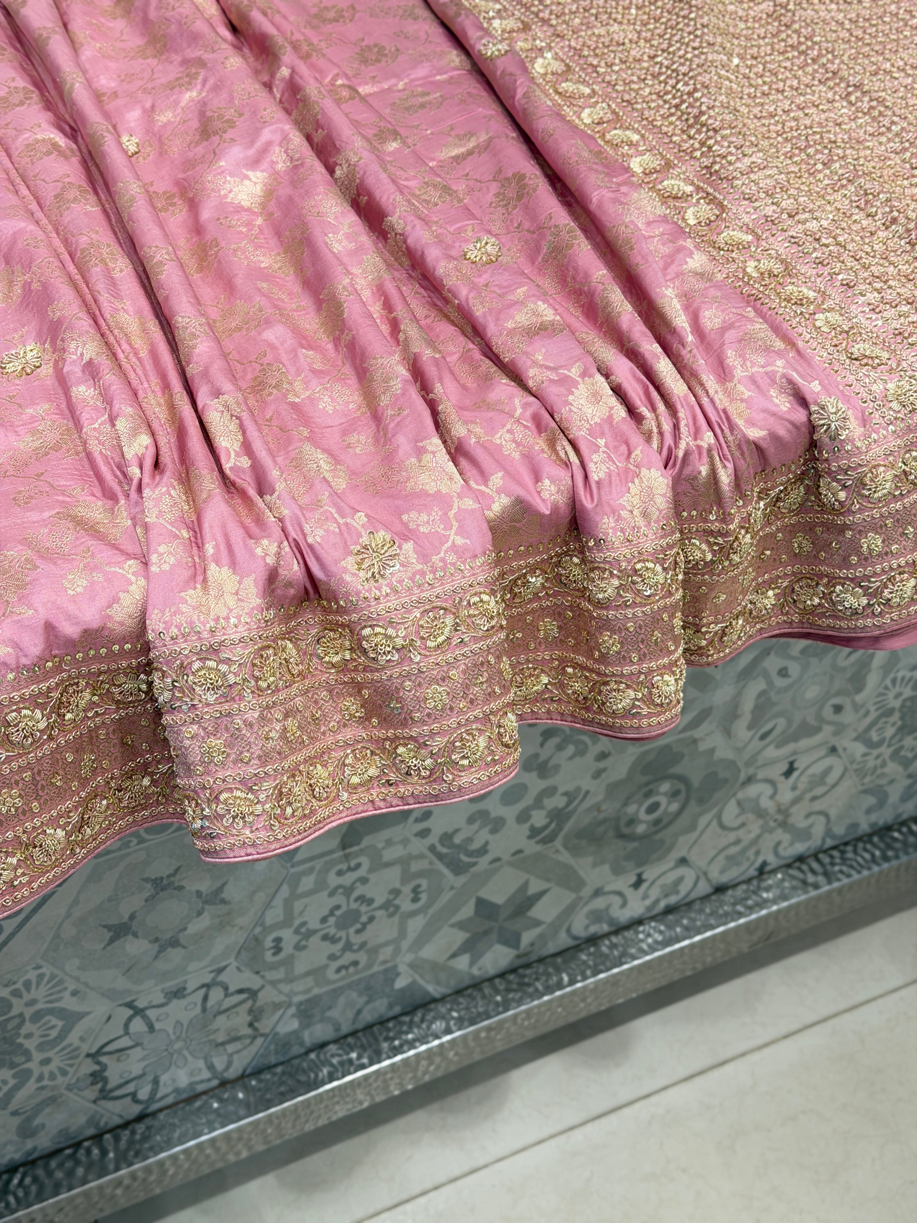 Pink Jaal Handloom Banarasi Katan Silk Zardosi Hand Embroidery Saree