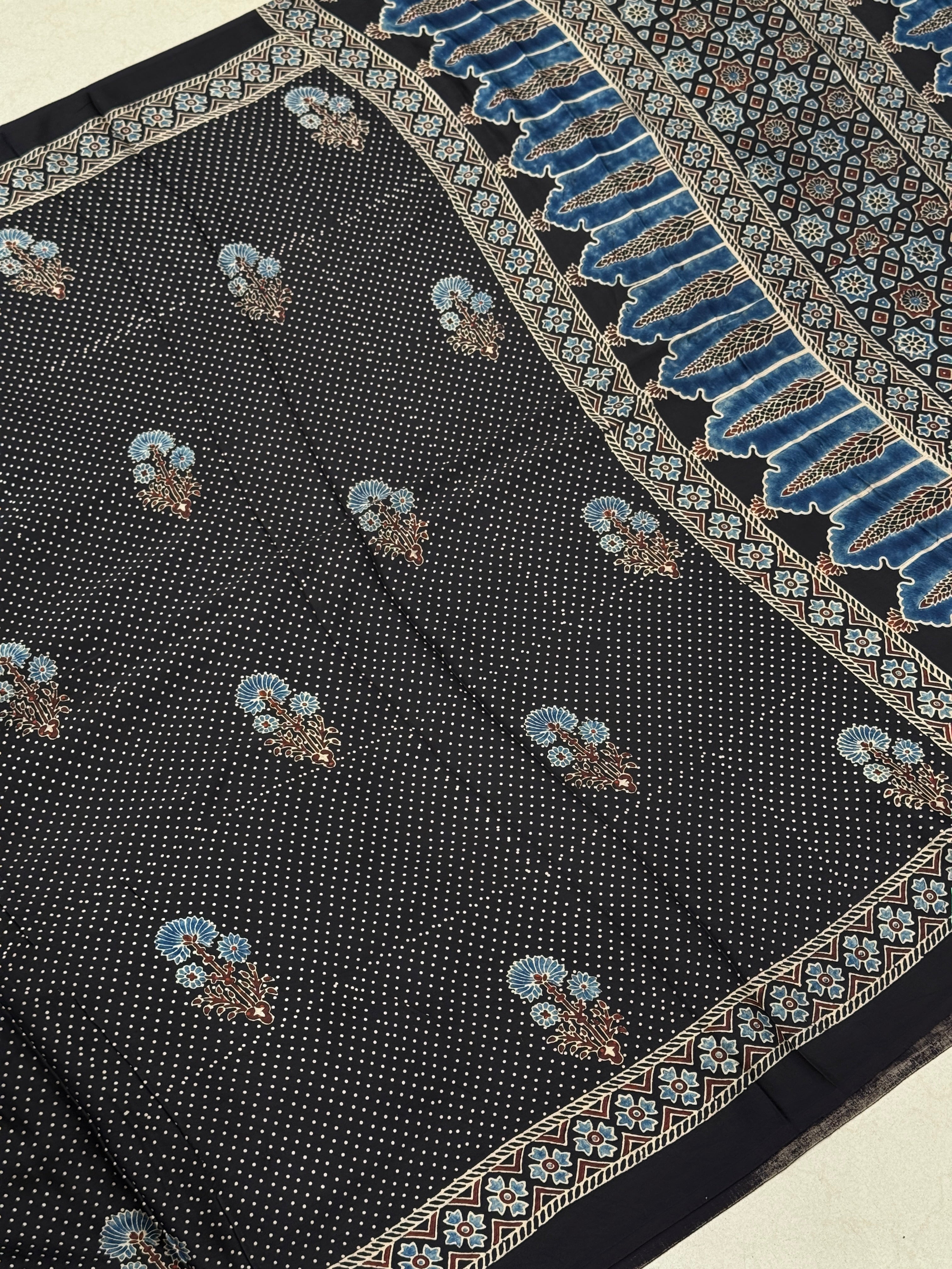 Black Floral Butti Dot Ajrakh Hand Block Print Pure Gajji Silk Saree