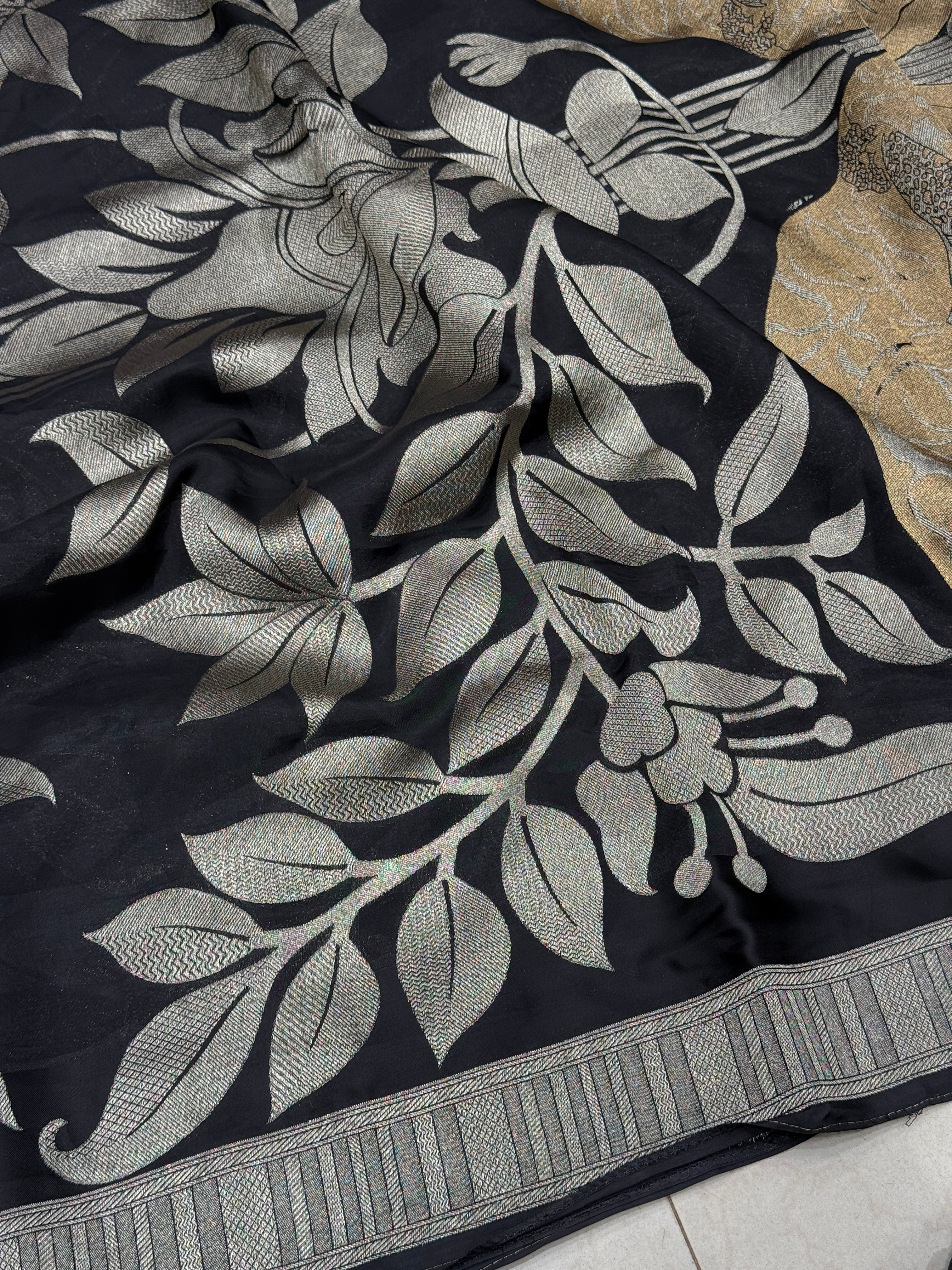 Black Contemporary Banarasi Munga Silk Mountain Lion Pallu Saree