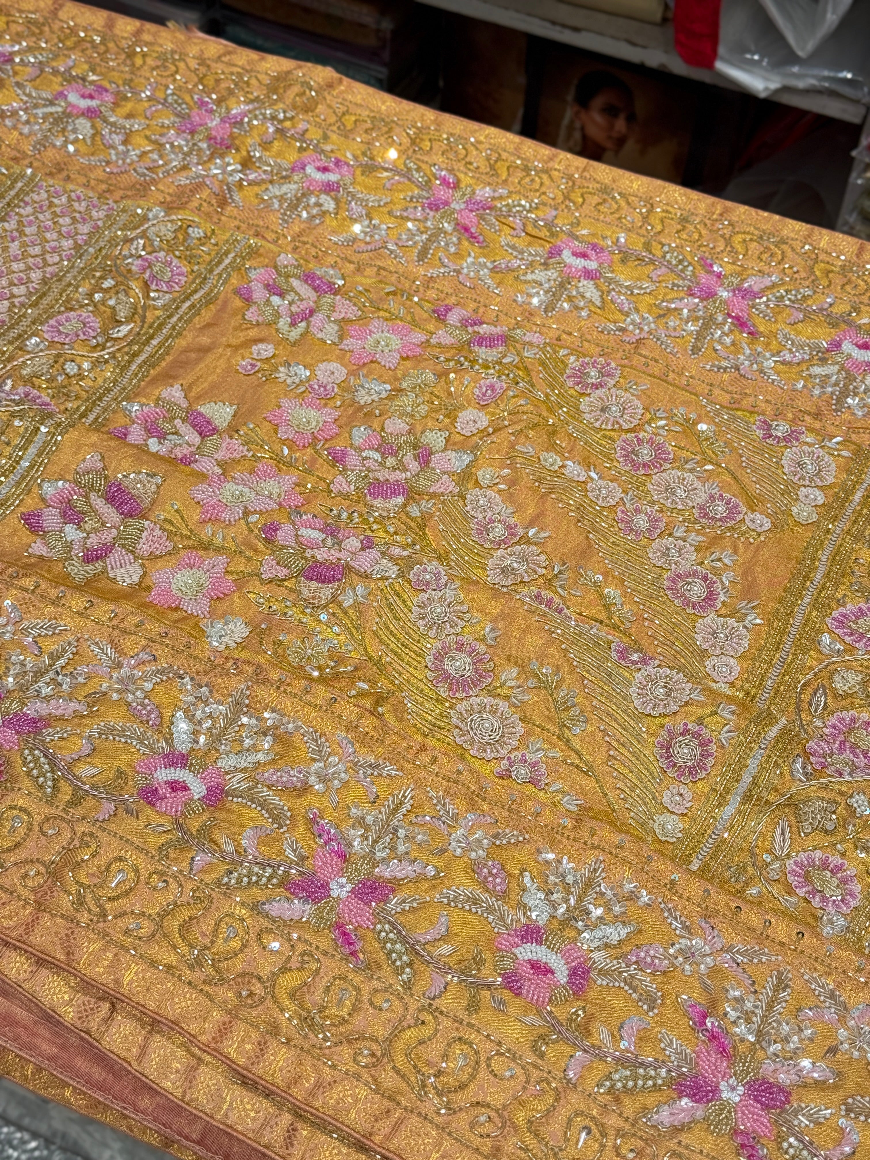 Gold Tissue Kanjivaram Rangkat Hand Embroidery Saree