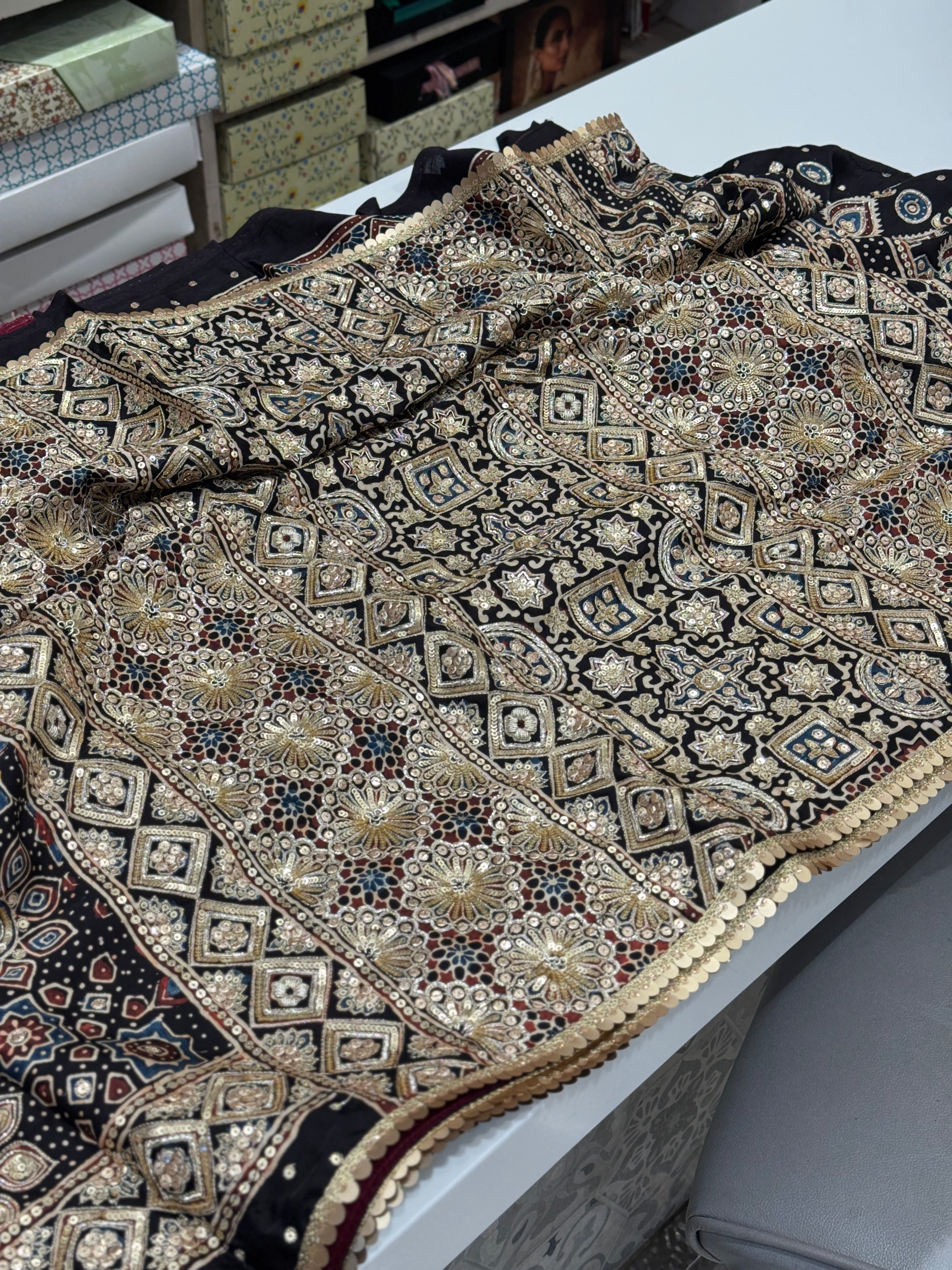 Ajrakh Hand Embroidery Zardosi and Pita Work