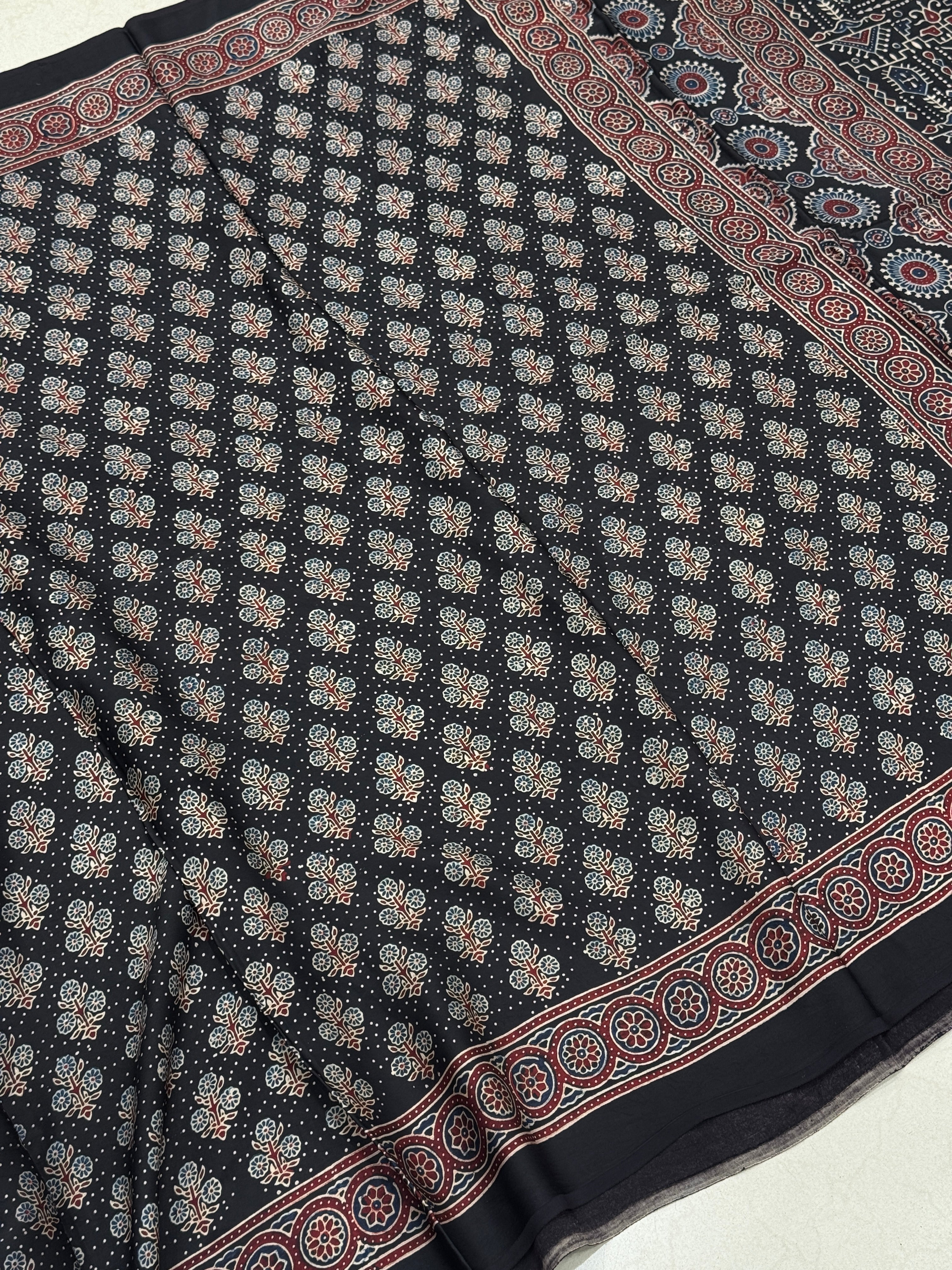 Black Floral Buttas Dot Style Hand Block Print Ajrkah Pure Gajji Silk Saree