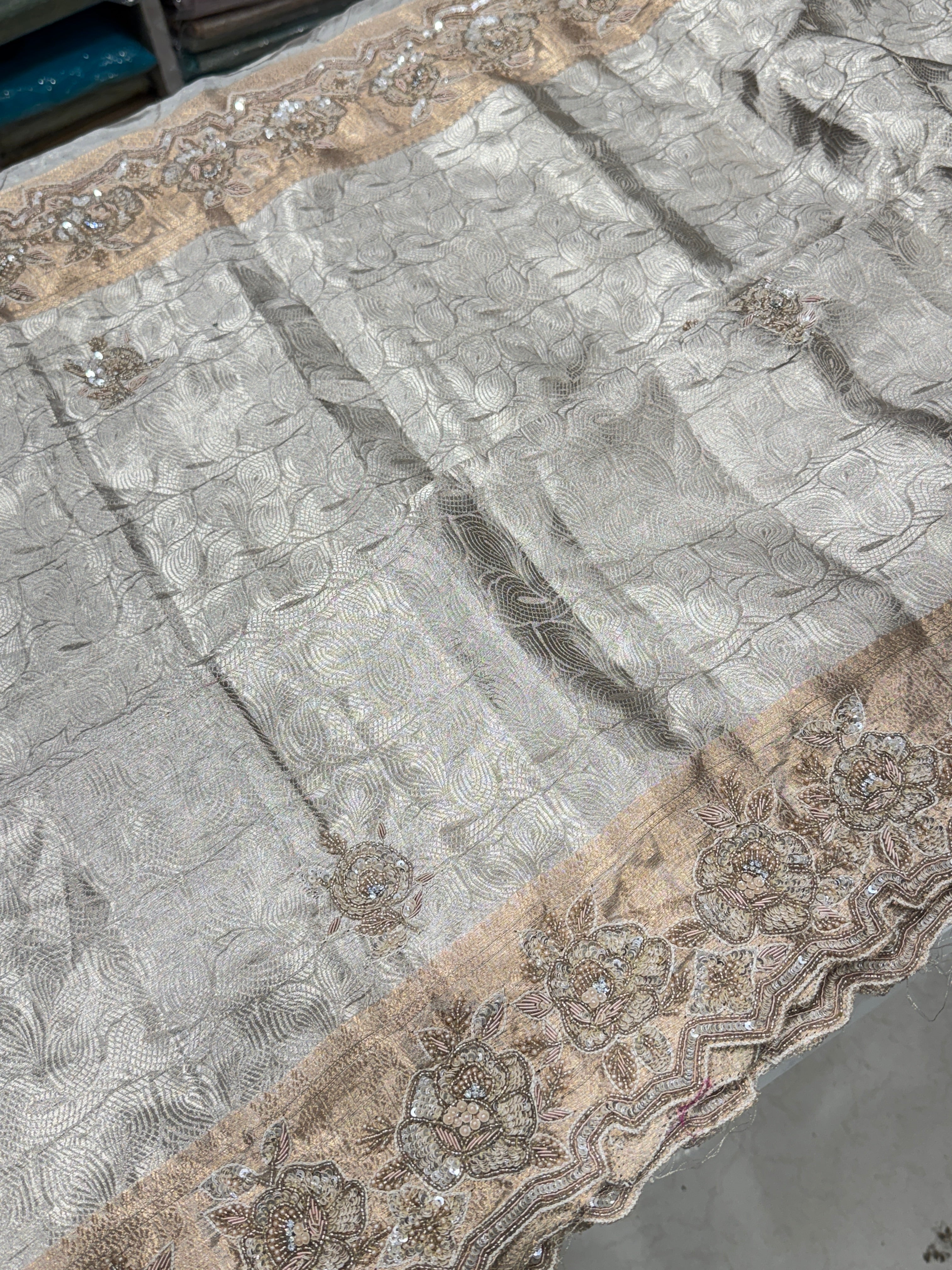 Silver Tissue Kanjivaram Hand Embroidery Contemporary Style Saree