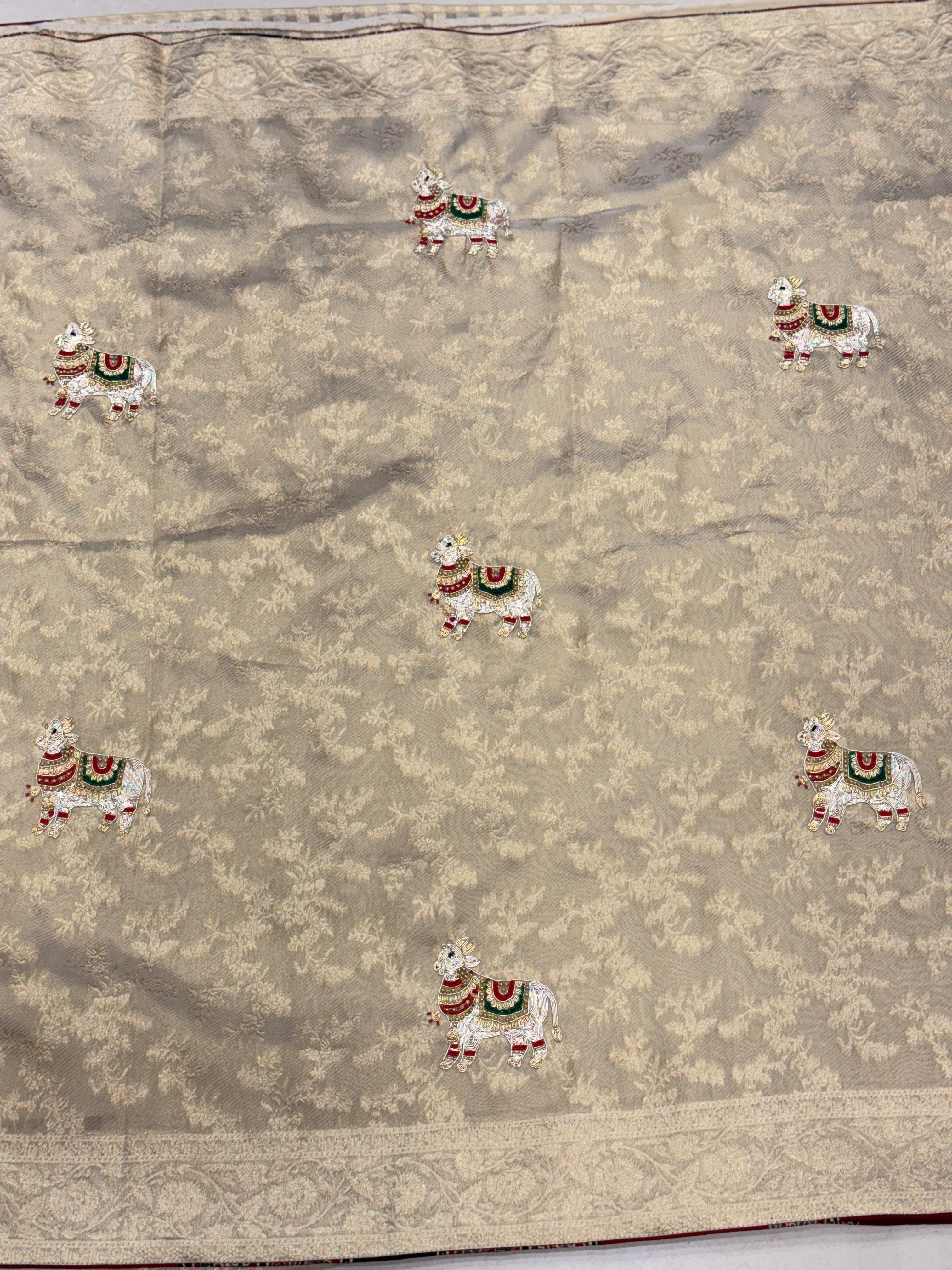 Golden Soft Tissue Zardosi Moti Hand Embroidery Nandi Motif Saree