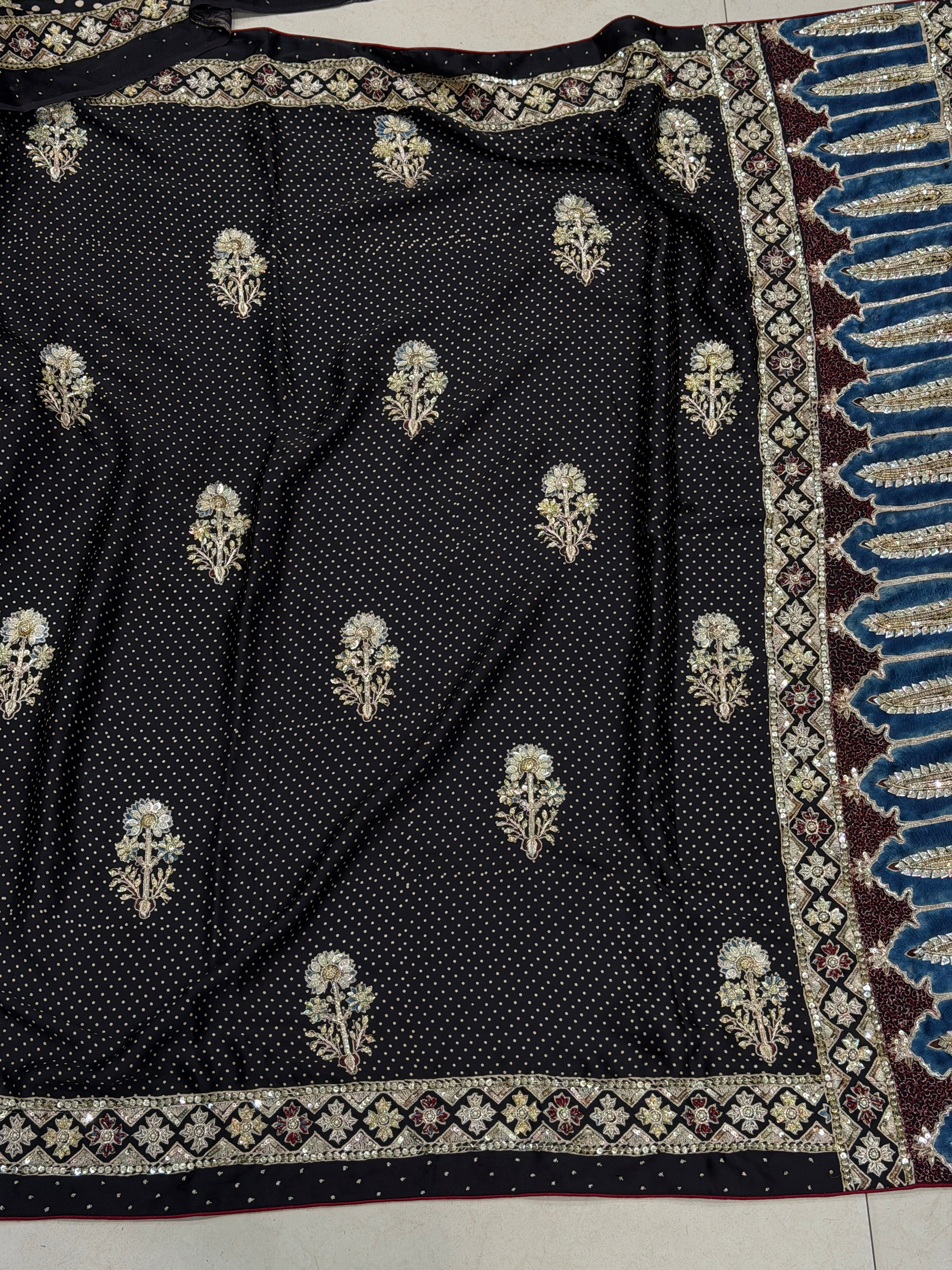 Black Buttas Pita Zardosi Sequin Ajrakh Hand Embroidery Saree