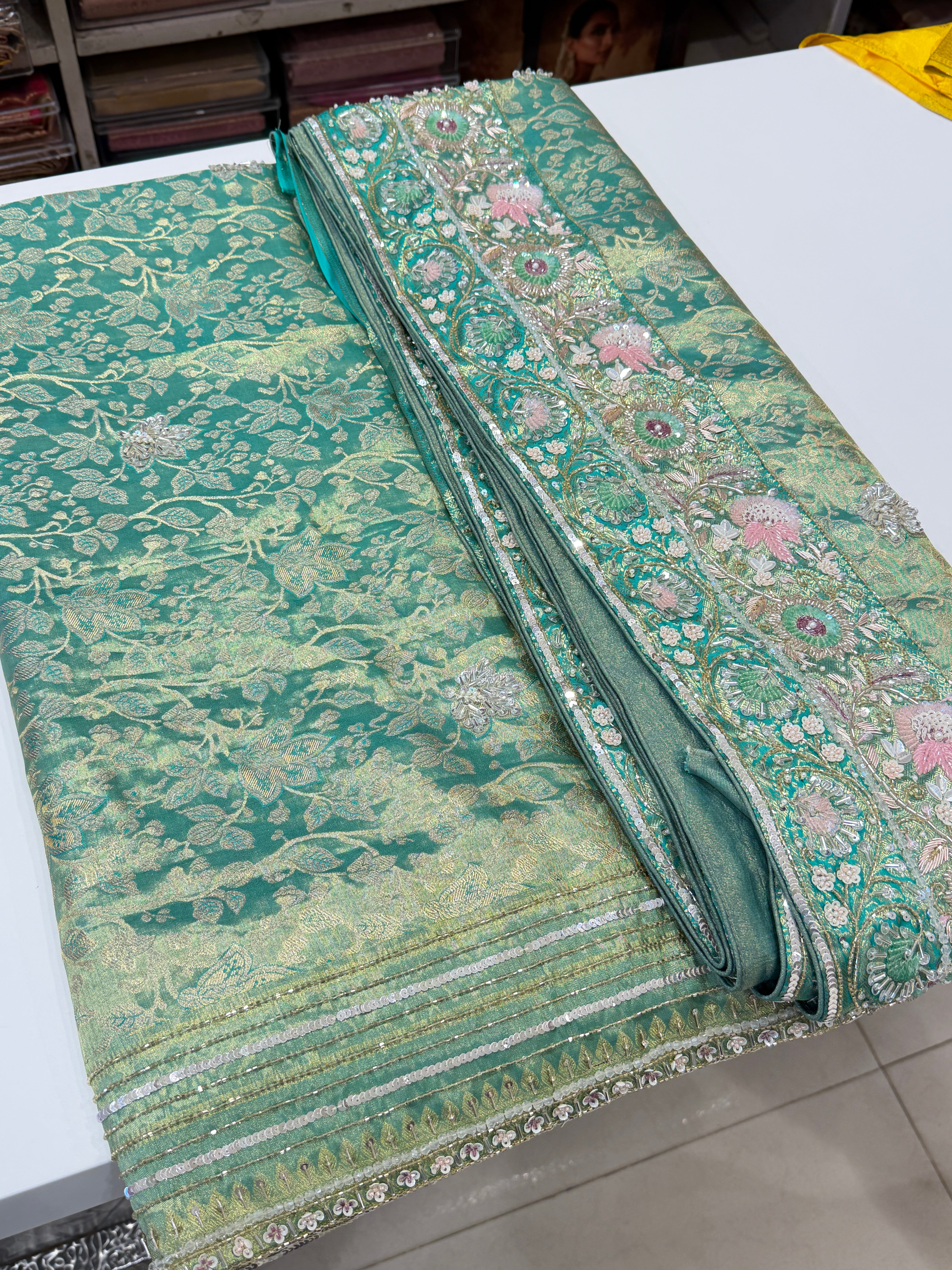 Green Floral Tissue Kanjivaram Hand Embroidery Saree