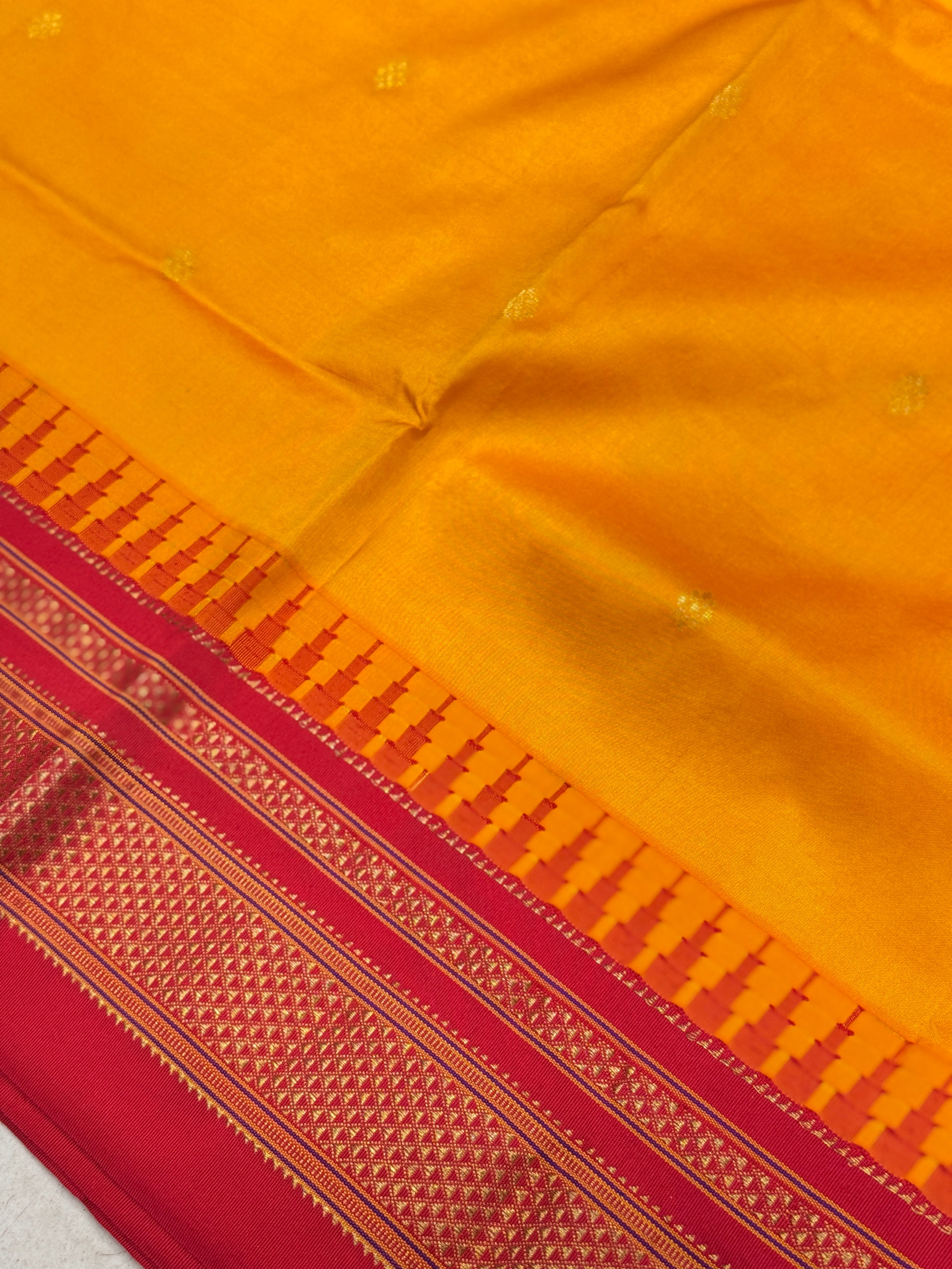 Mustard Yellow Red Silk Saree