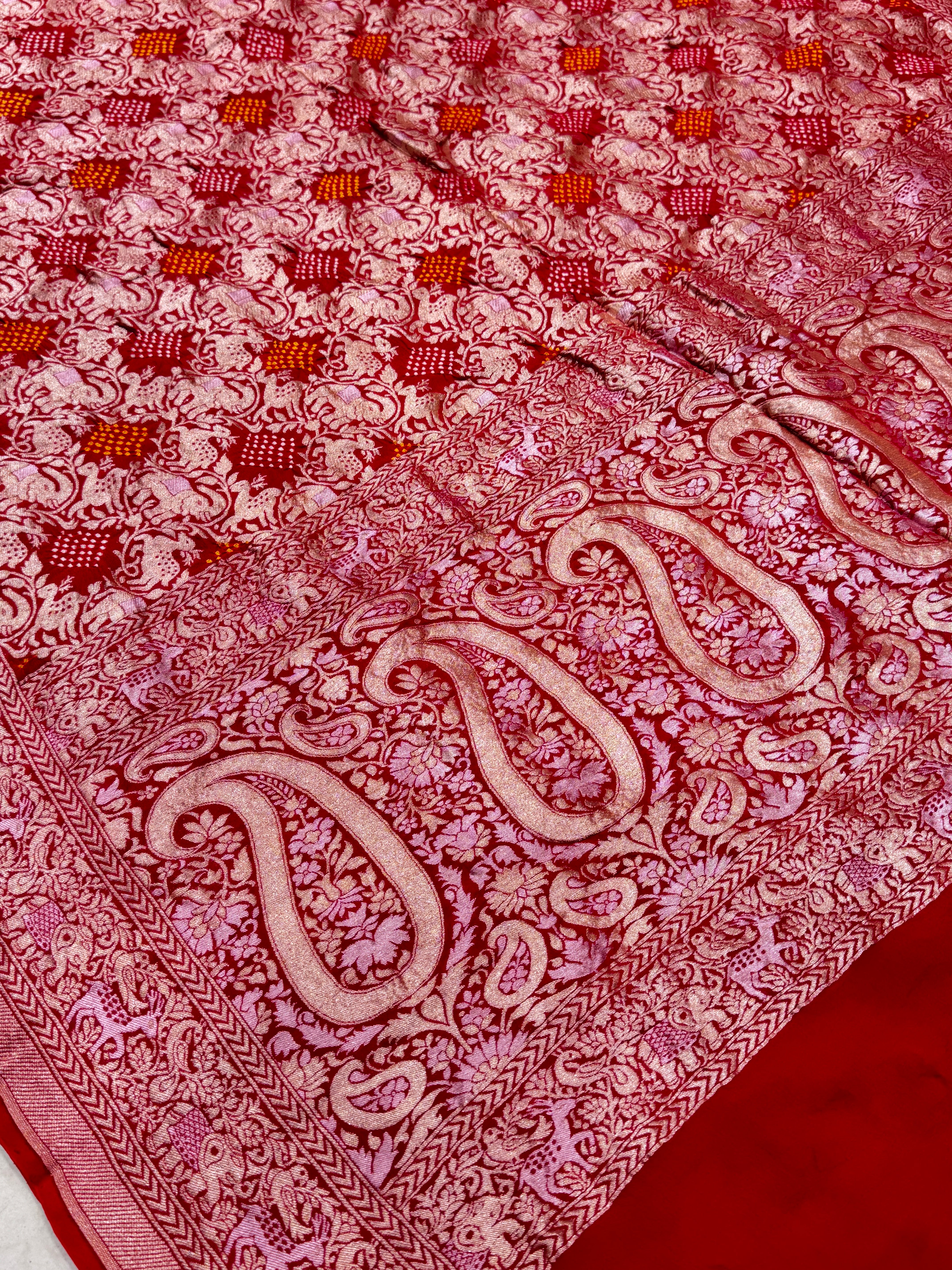 Red Kadwa Weave Bandhej Saree