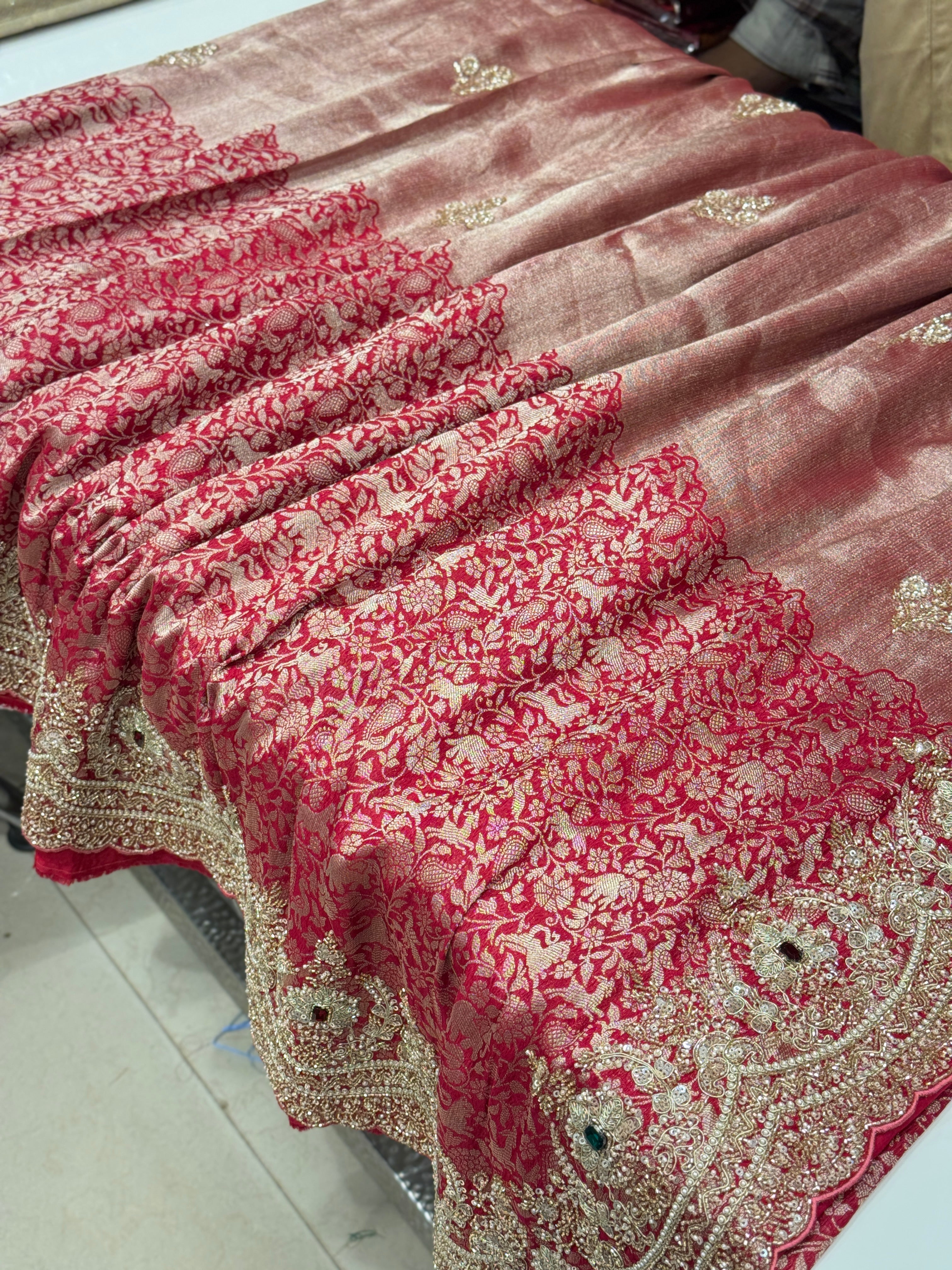Red Shikara Munga Tissue Embroidery Saree