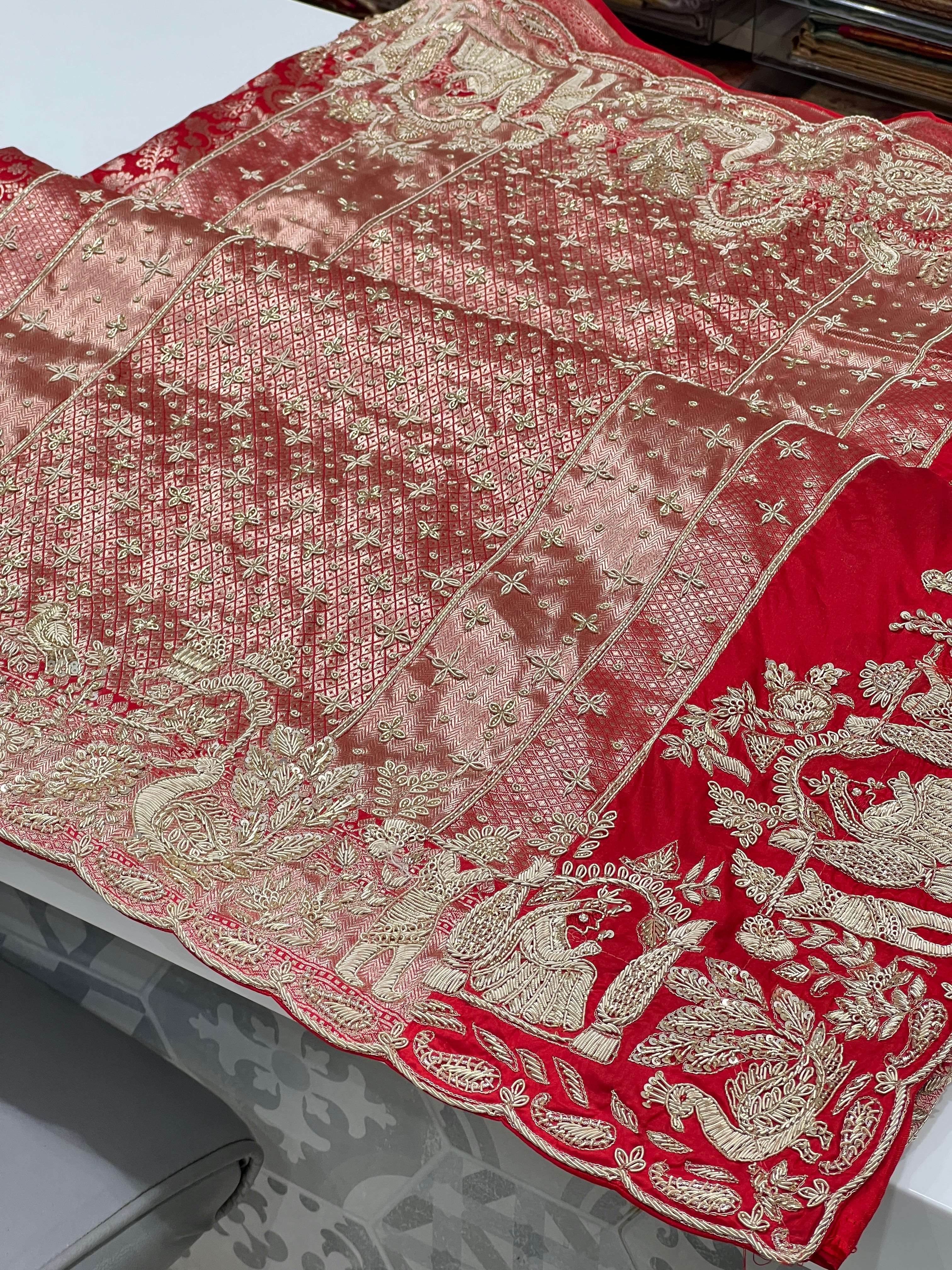 Red Banarasi Katan Doli Edit Zardosi Saree