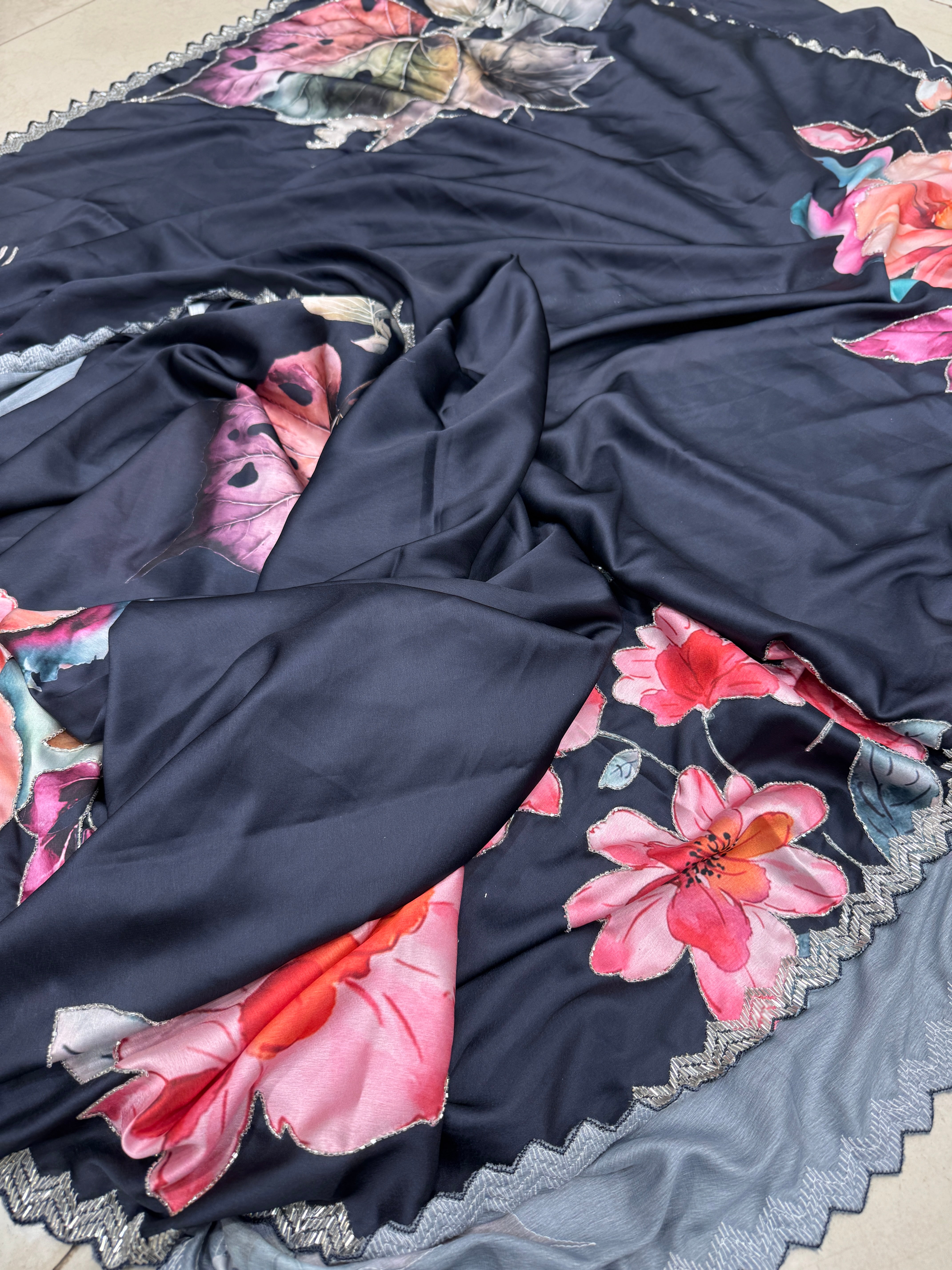 Black Satin Floral Print Hand Embroidery Saree