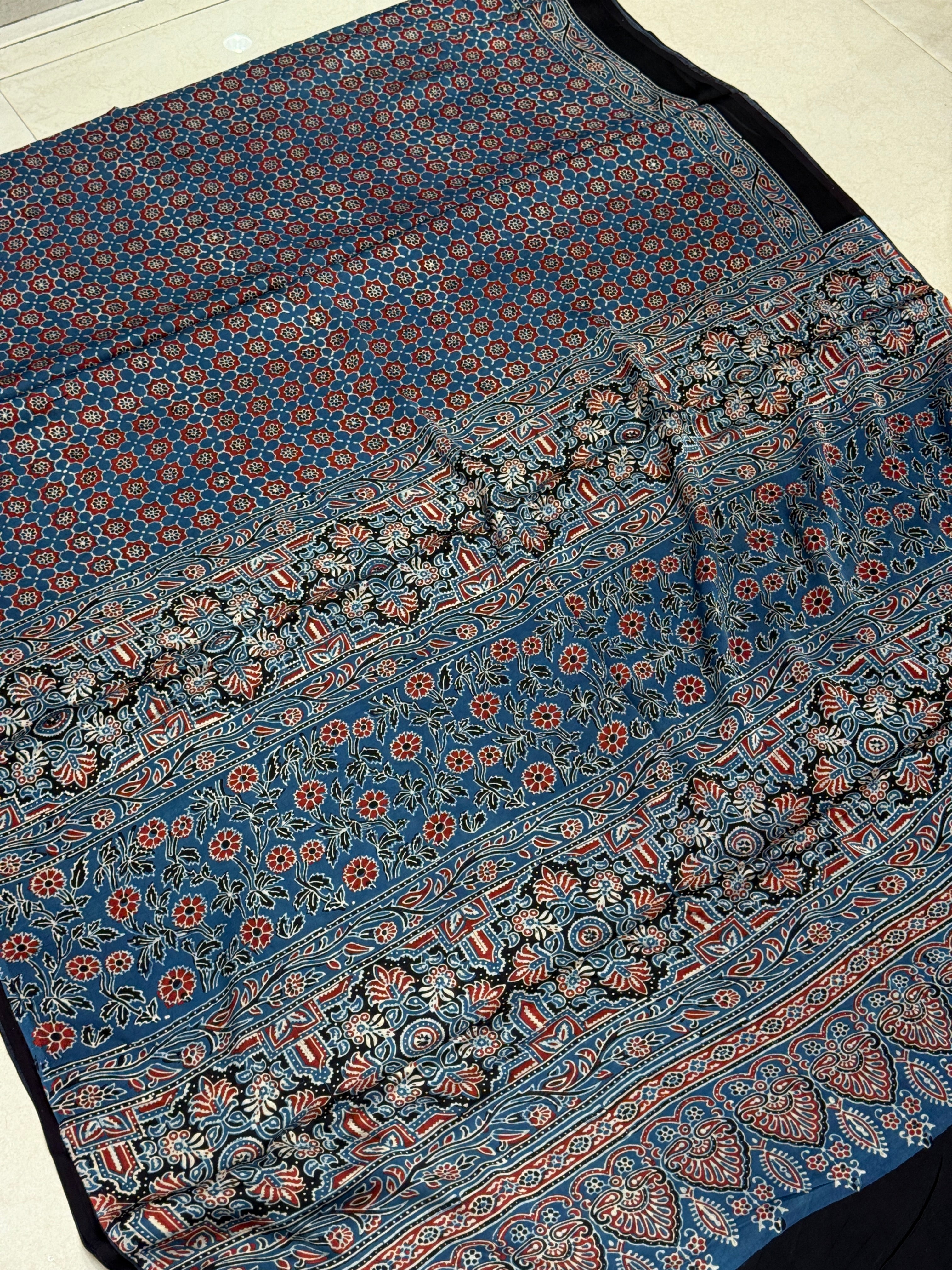 Blue Red Modal Gajji Silk Ajrakh Saree