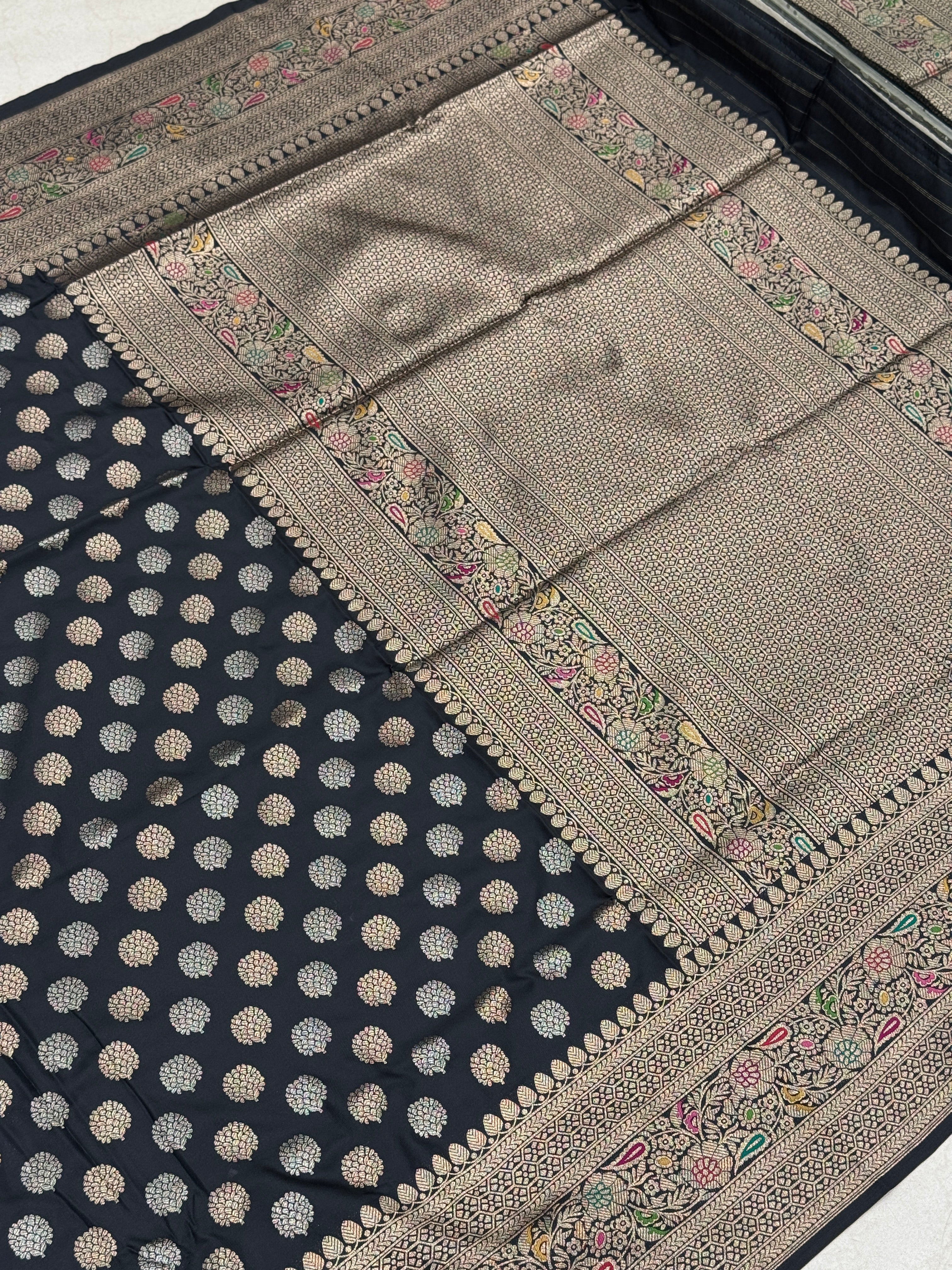 Black Butti Banarasi Silk Meena Border Saree