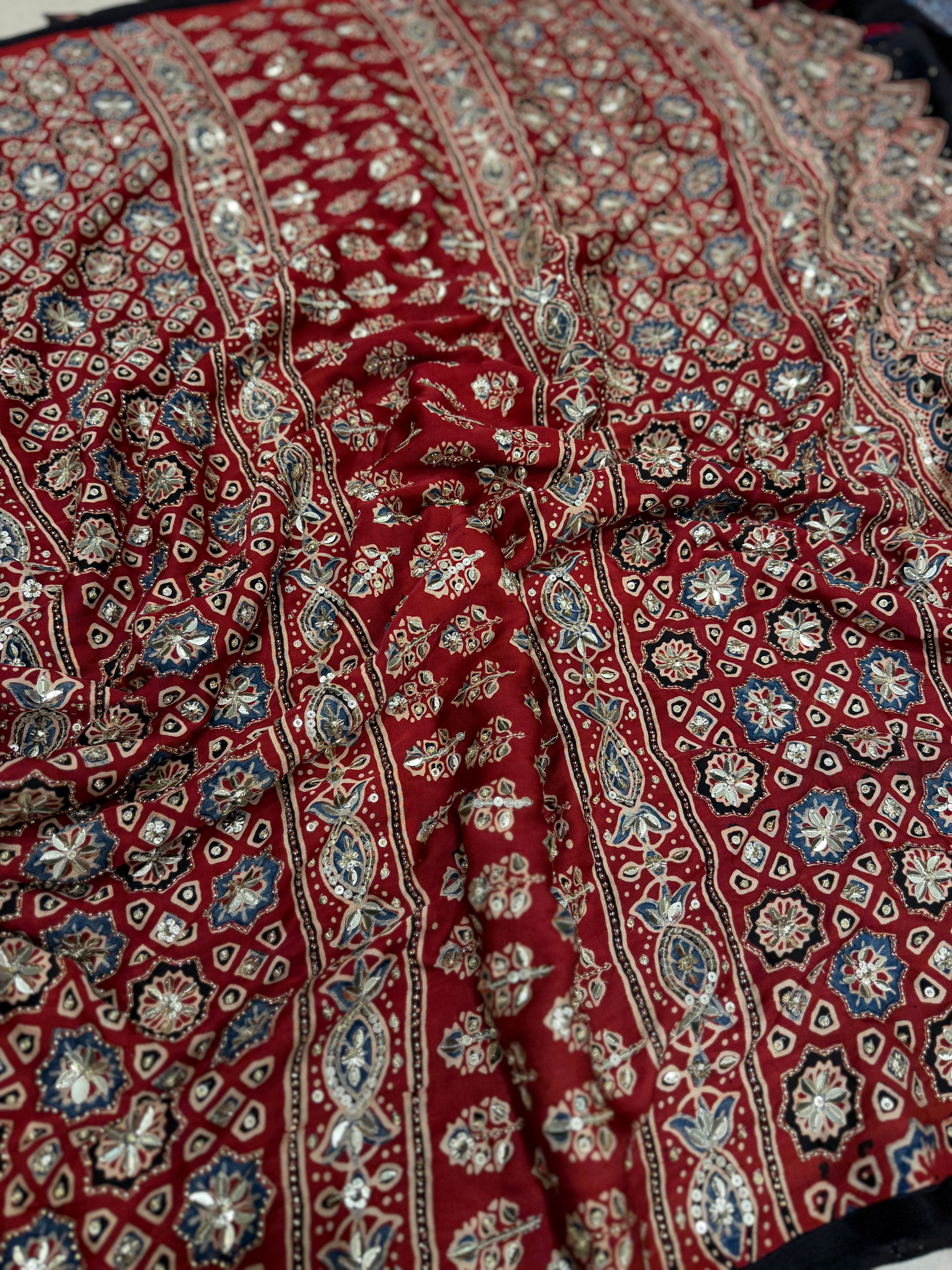 Blue Red Badam Butta Moti Sequin Ajrakh Hand Embroidery Saree