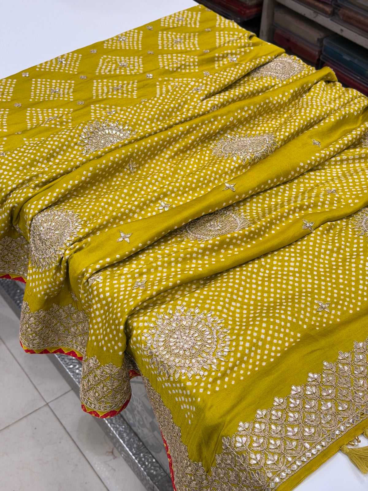 Lime Green Faabiiana Inspired Gajji Silk Rai Bandhej Gotapatti Marodi Hand Embroidery Saree
