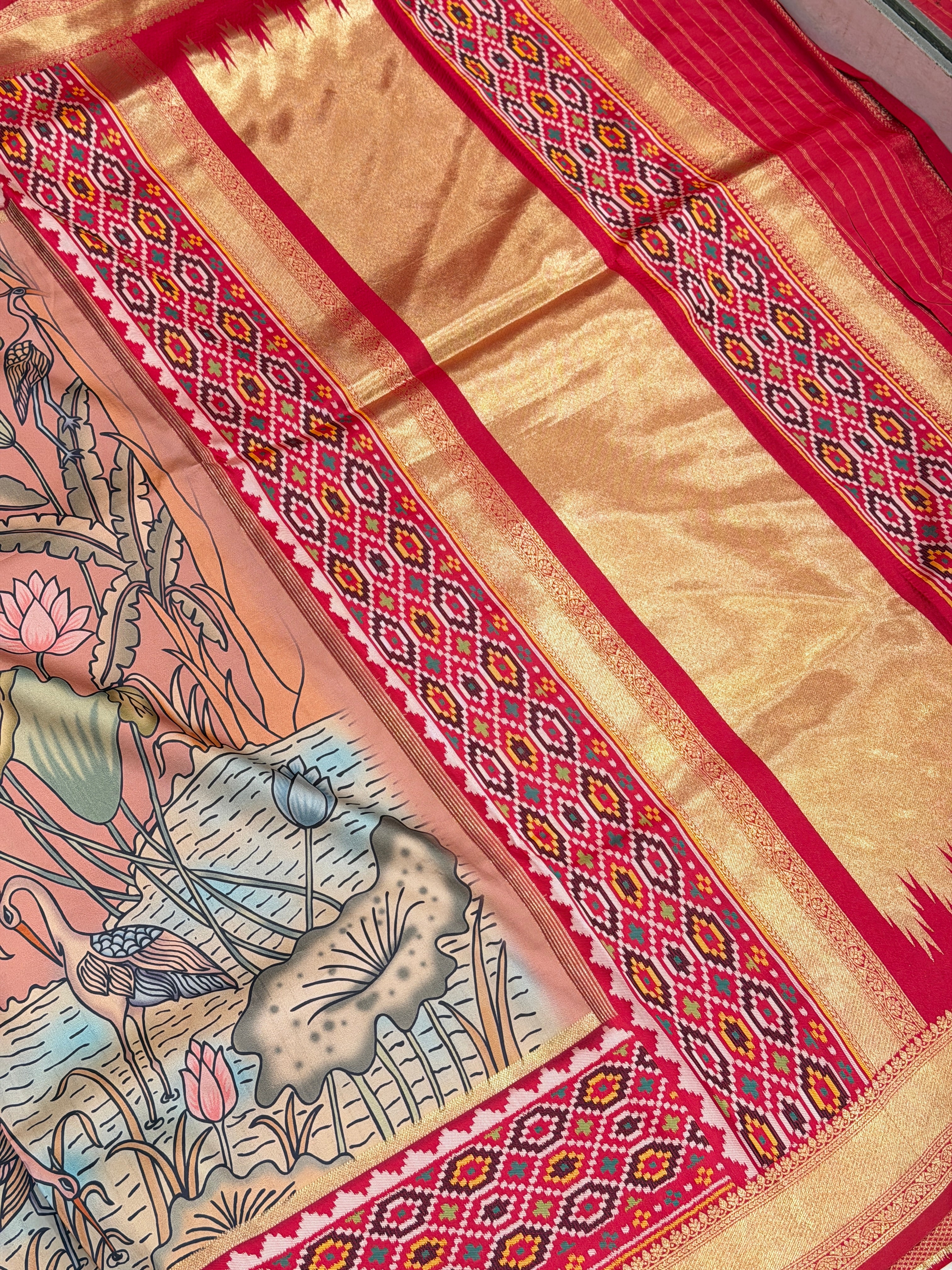 Pink Kalamkari Print Patola Weaved Soft Silk Saree