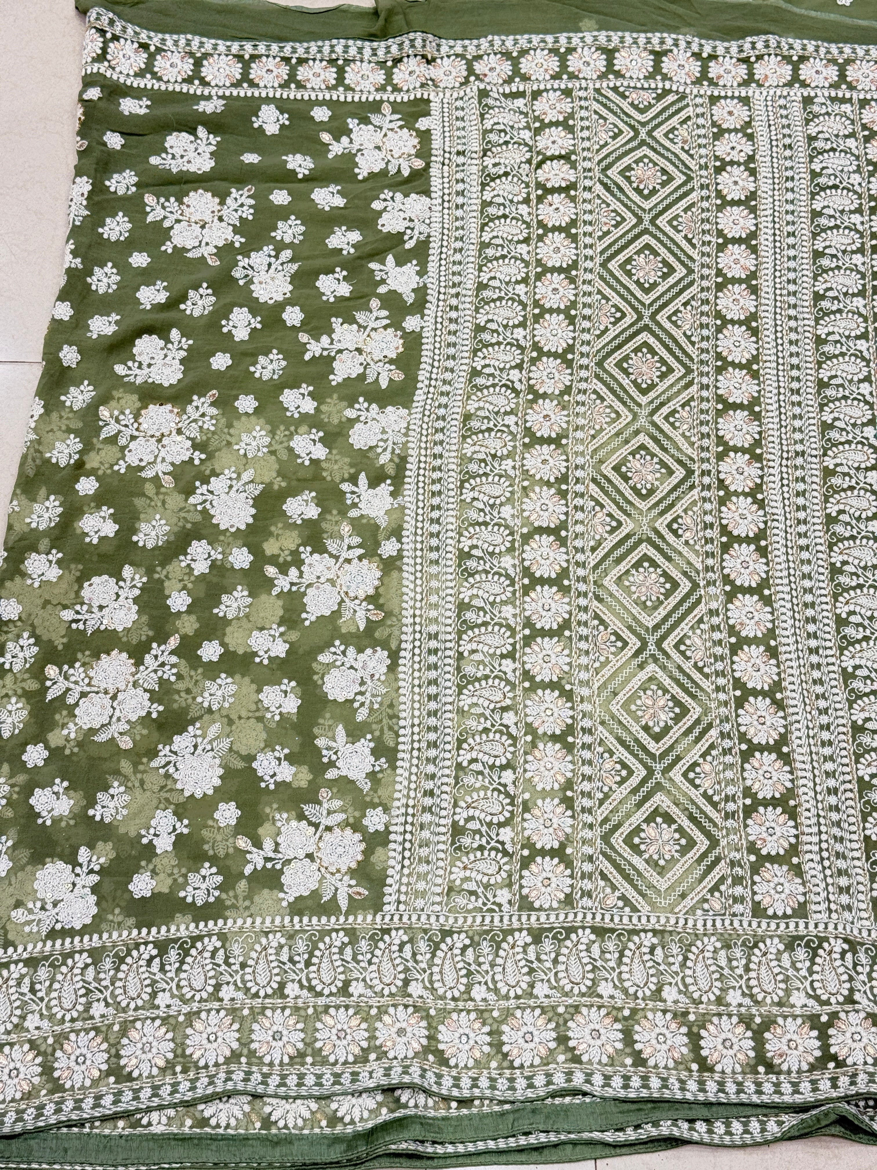 Green Butta Chikankari on Georgette with Cutdana Hand Embroidery