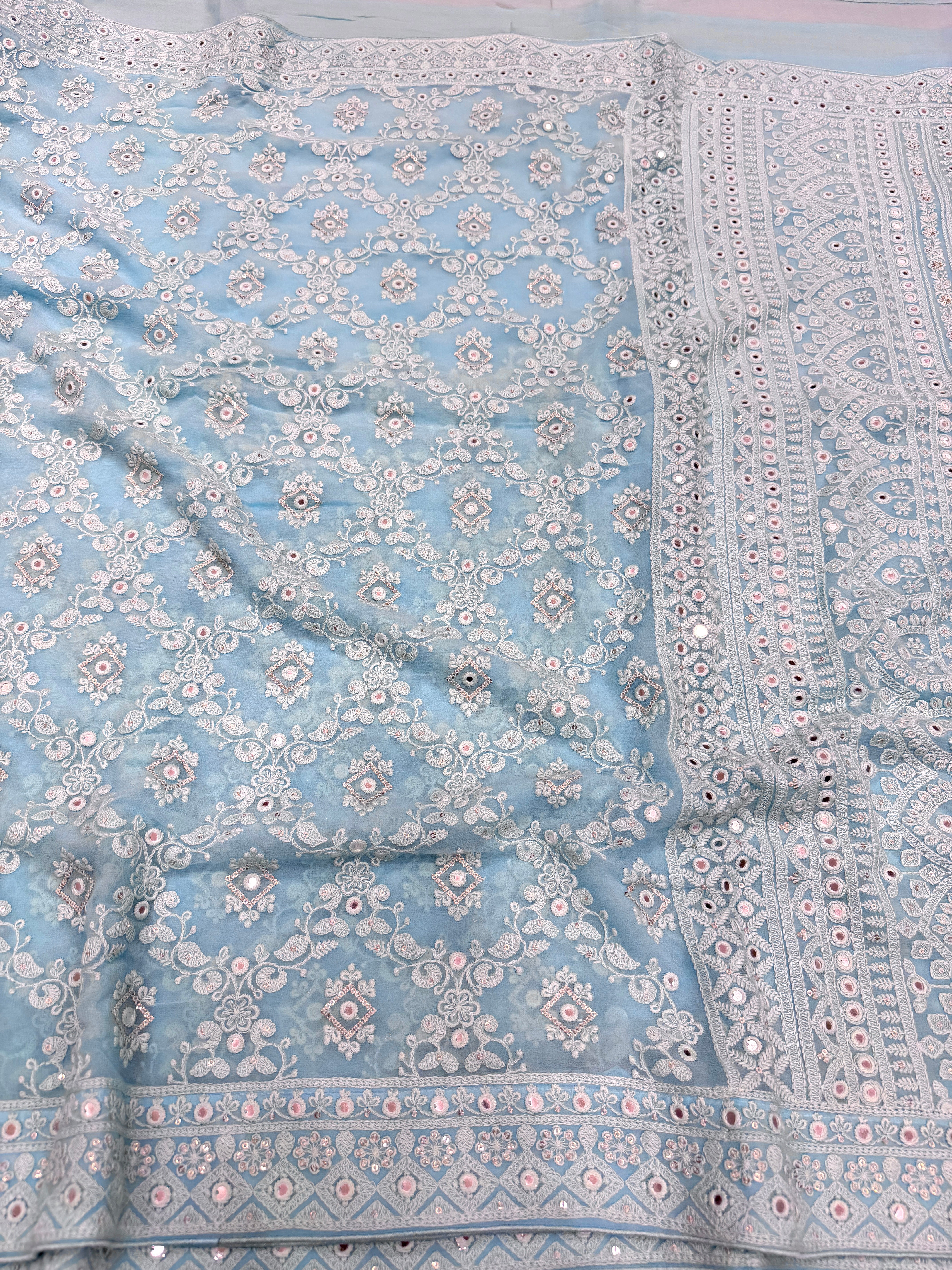 Light Blue Chikankari Jaal Georgette Resham Embroidery Saree