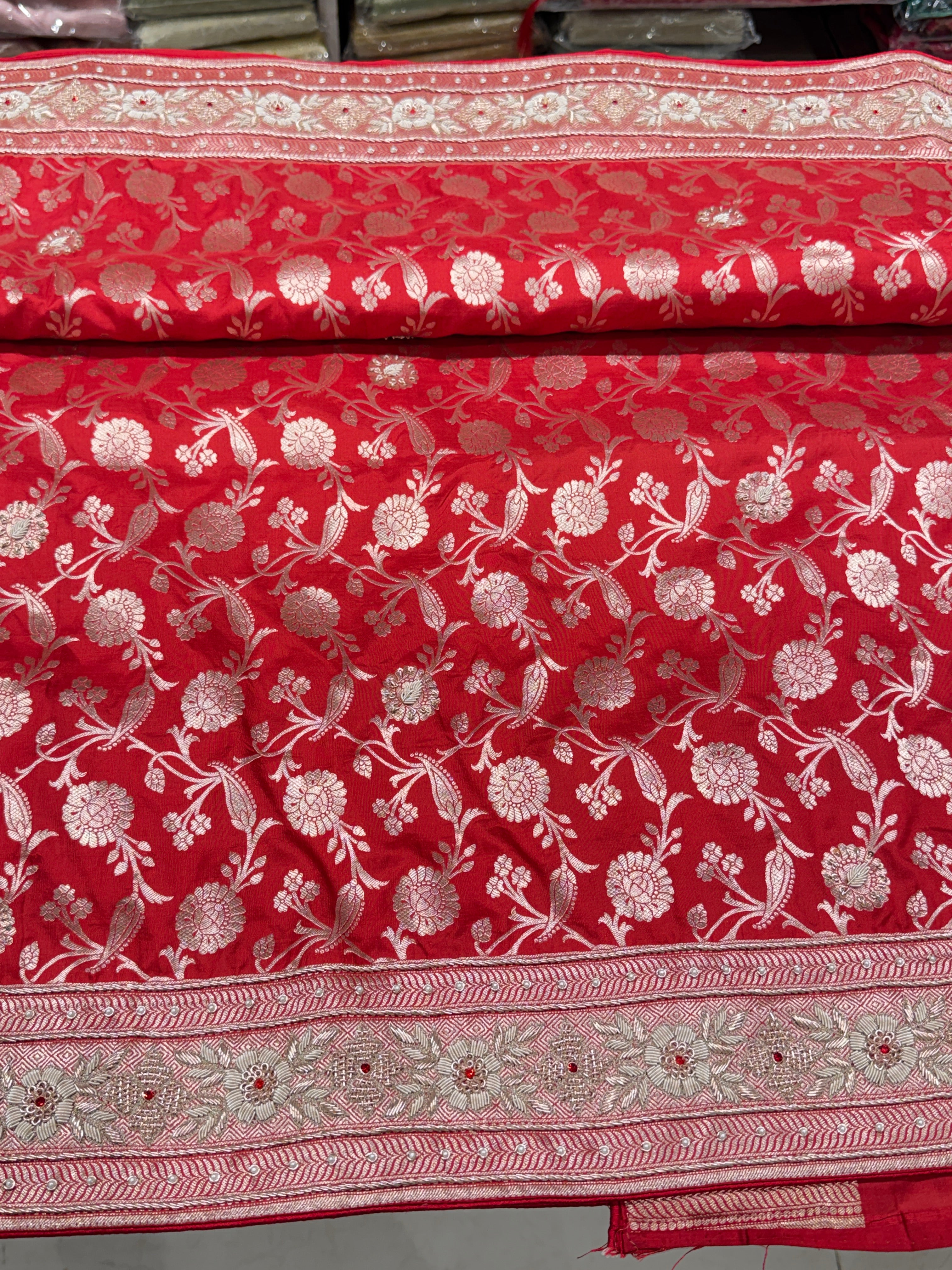 Red Jaal Handloom Banarasi Pure Katan Crystal Zardosi Embroidery Saree