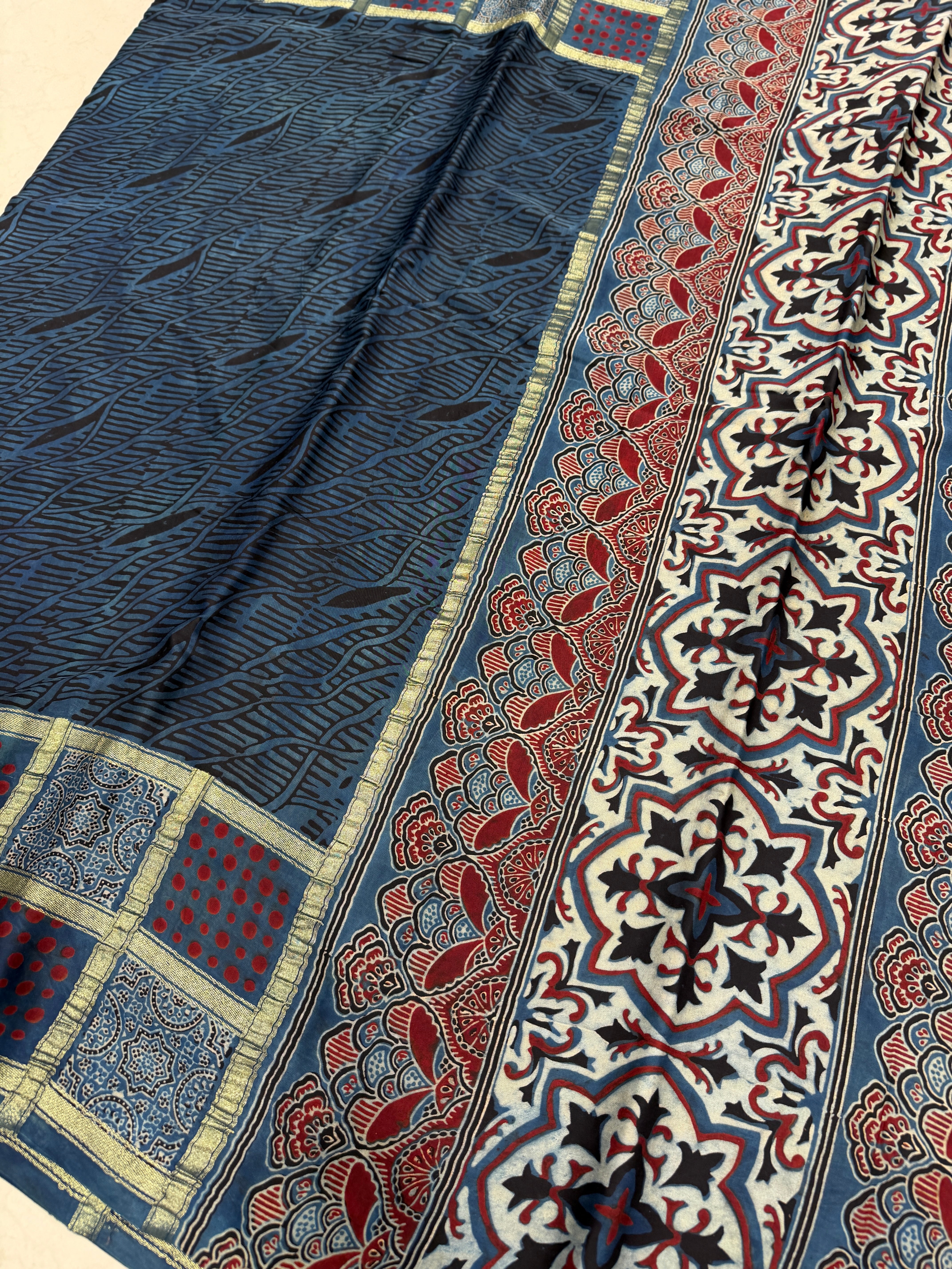 Blue Contemporary Zari Checks Ajrakh Hand Block Print Pure Gajji Silk Saree