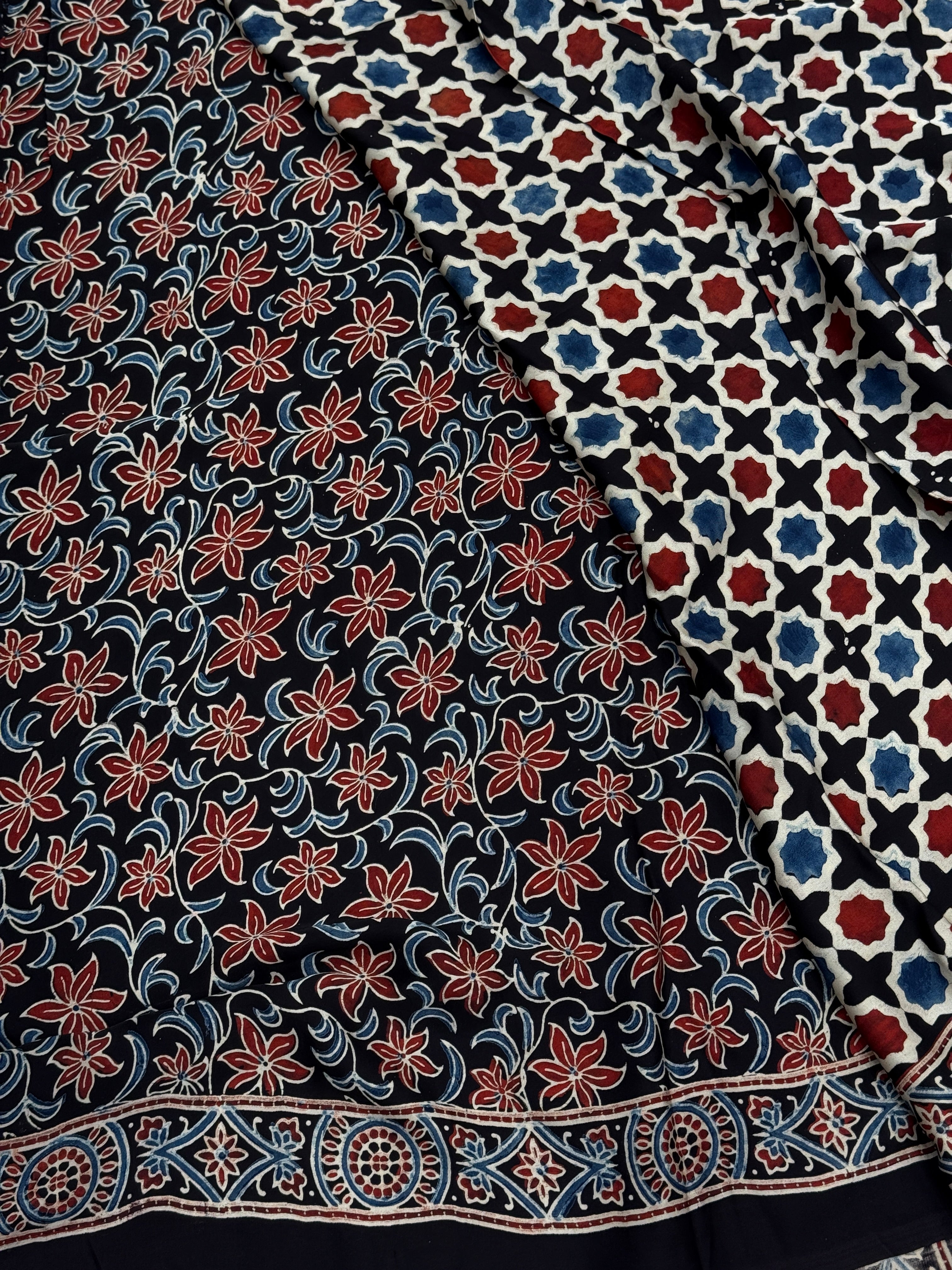 Star Cross Butti Modal Gajji Silk Ajrakh Saree