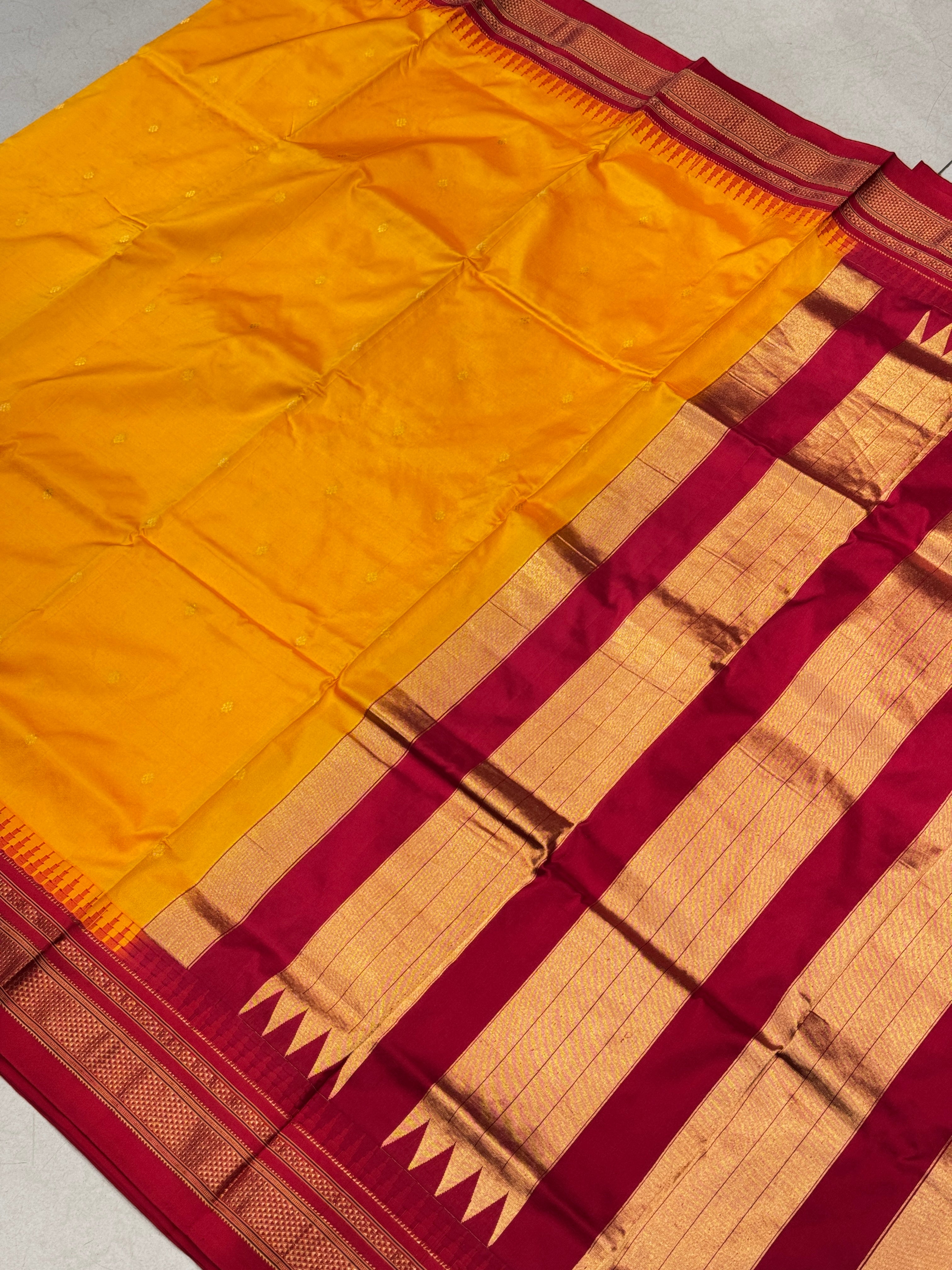 Mustard Yellow Red Silk Saree