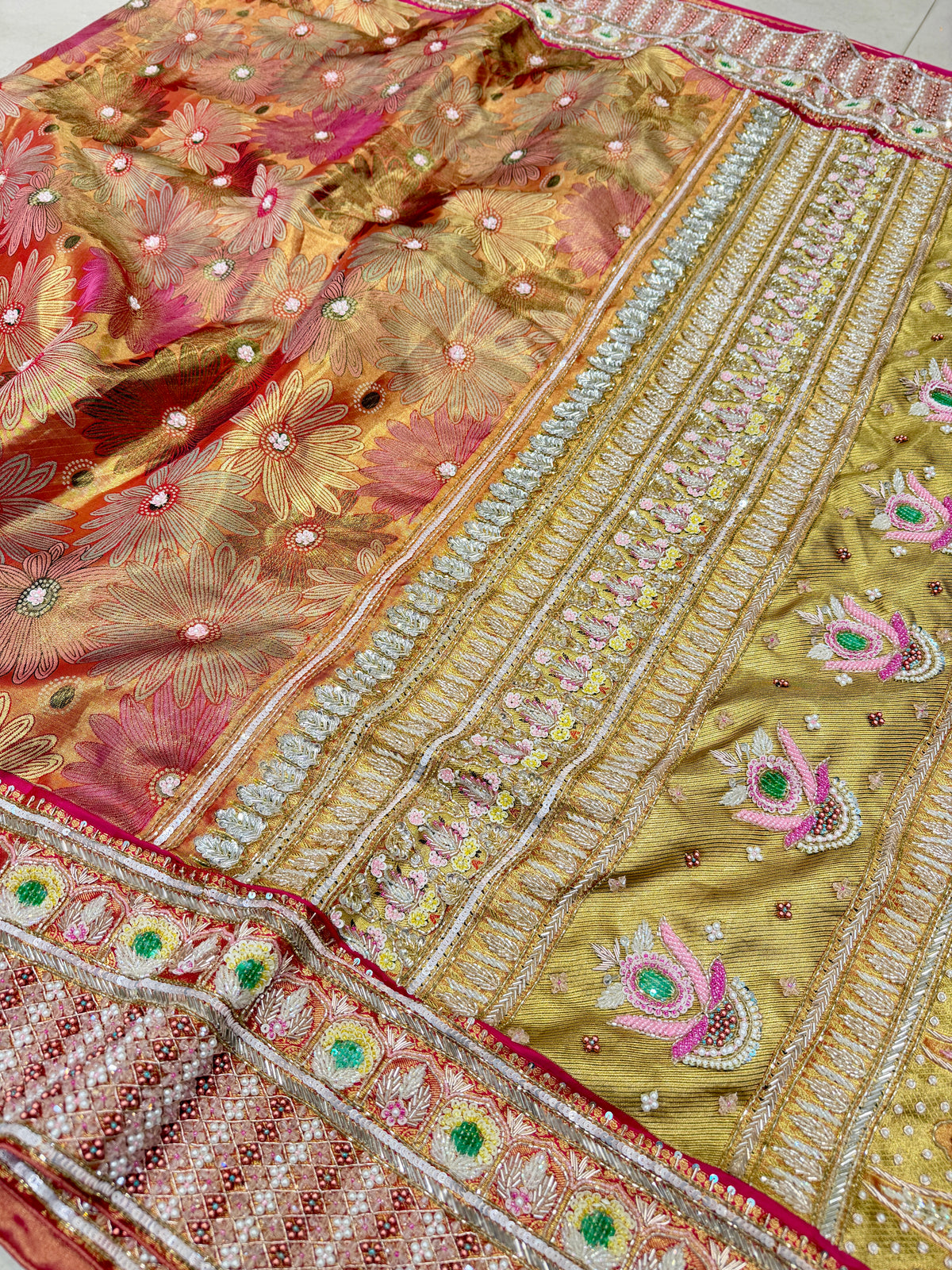 Red Floral Contrast Meenakari Tissue Kanjivaram Zardosi Hand Embroidery Saree
