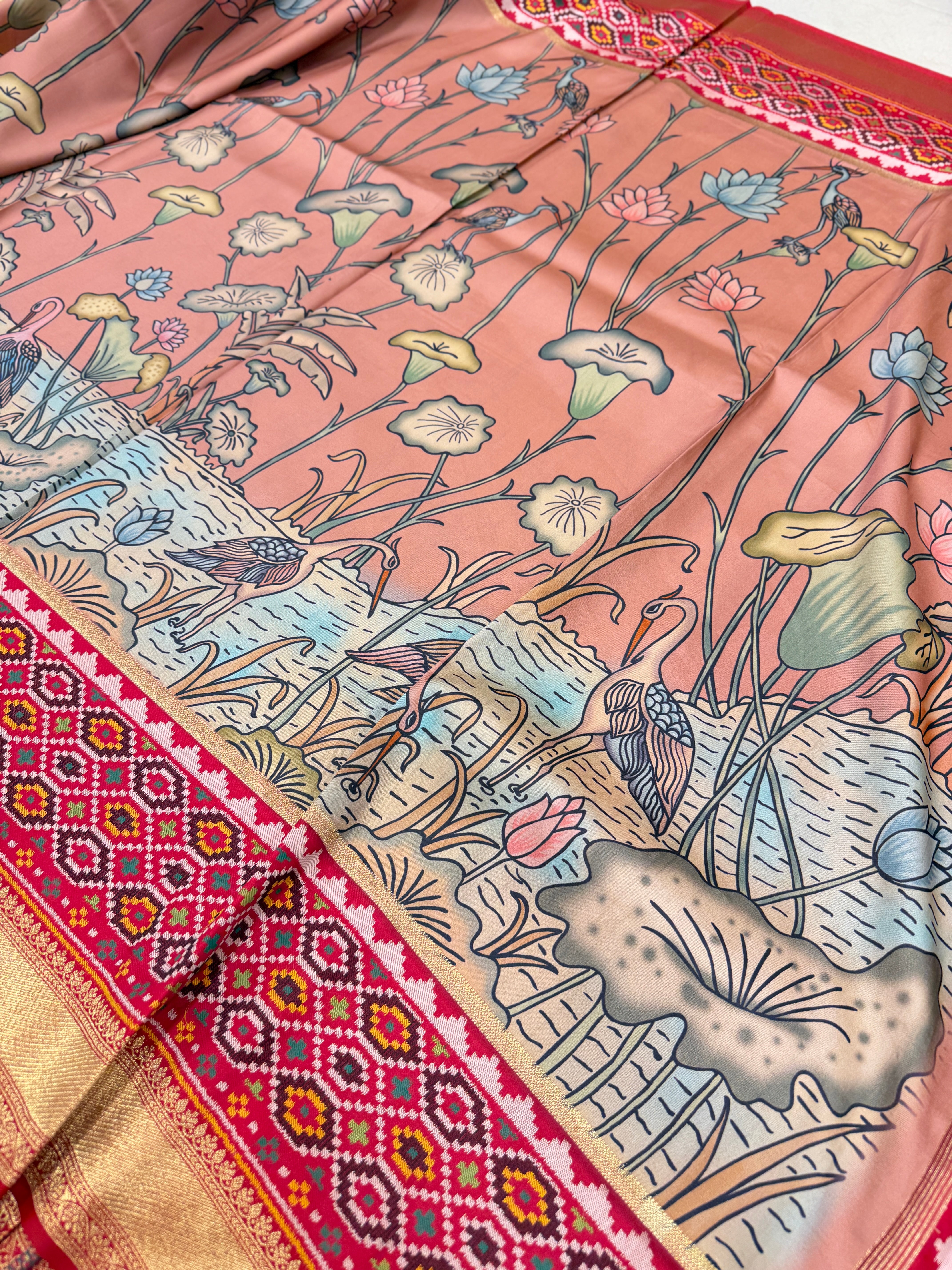 Pink Kalamkari Print Patola Weaved Soft Silk Saree