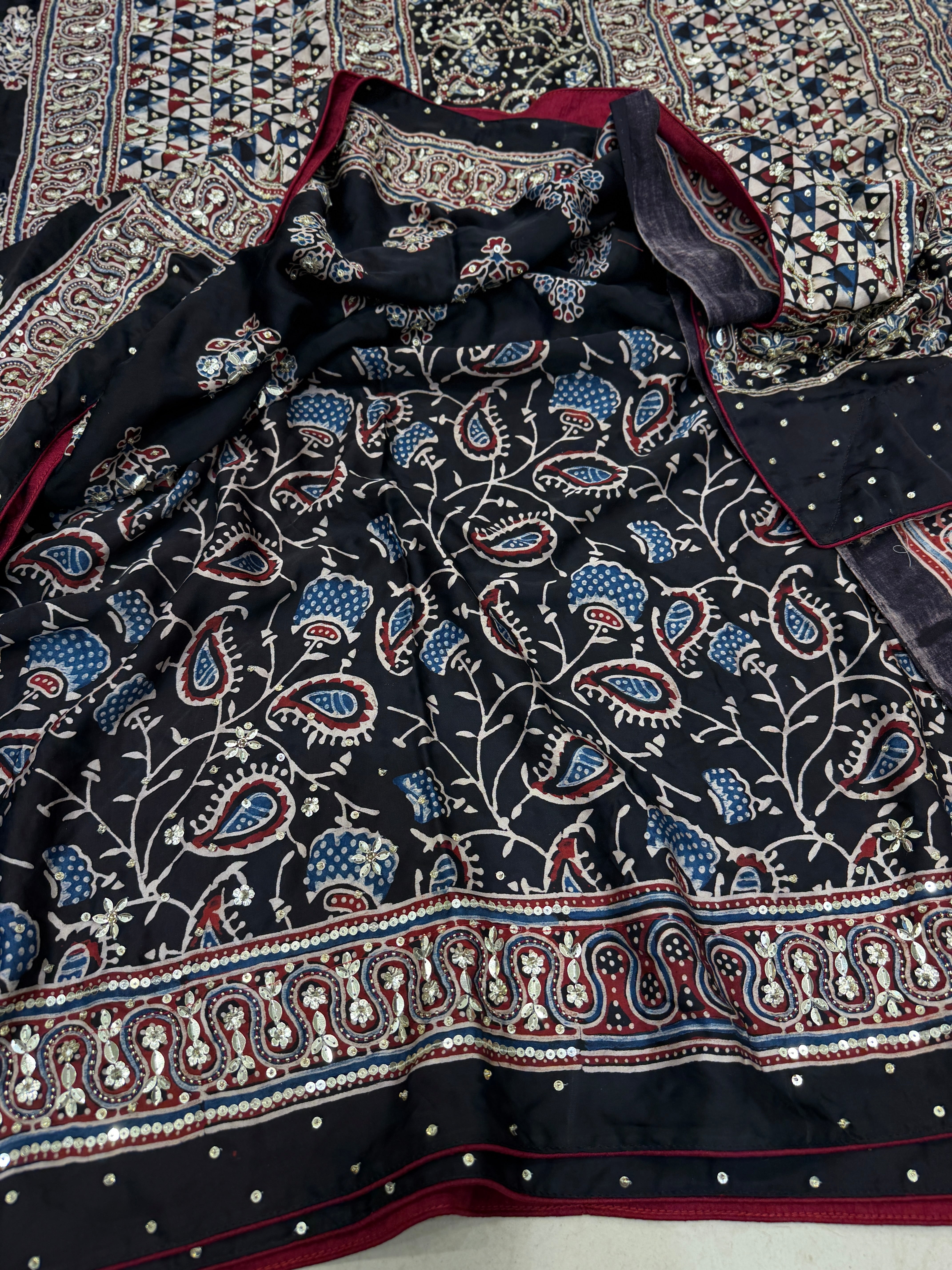 Black Buttas Ajrakh Sequin Moti Hand Embroidery Saree