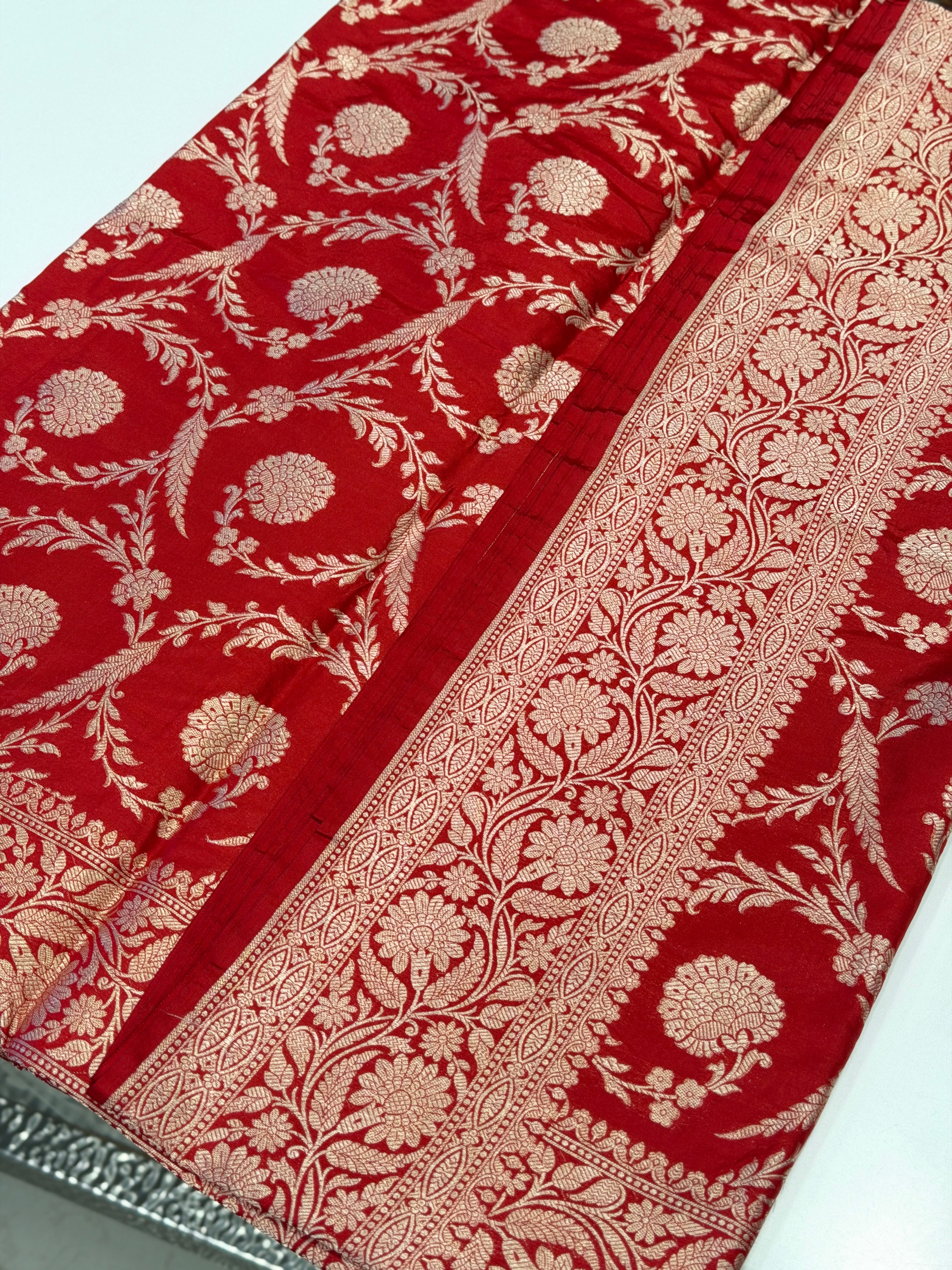 Red Jaal Weaved Banarasi Handloom Katan Silk Saree